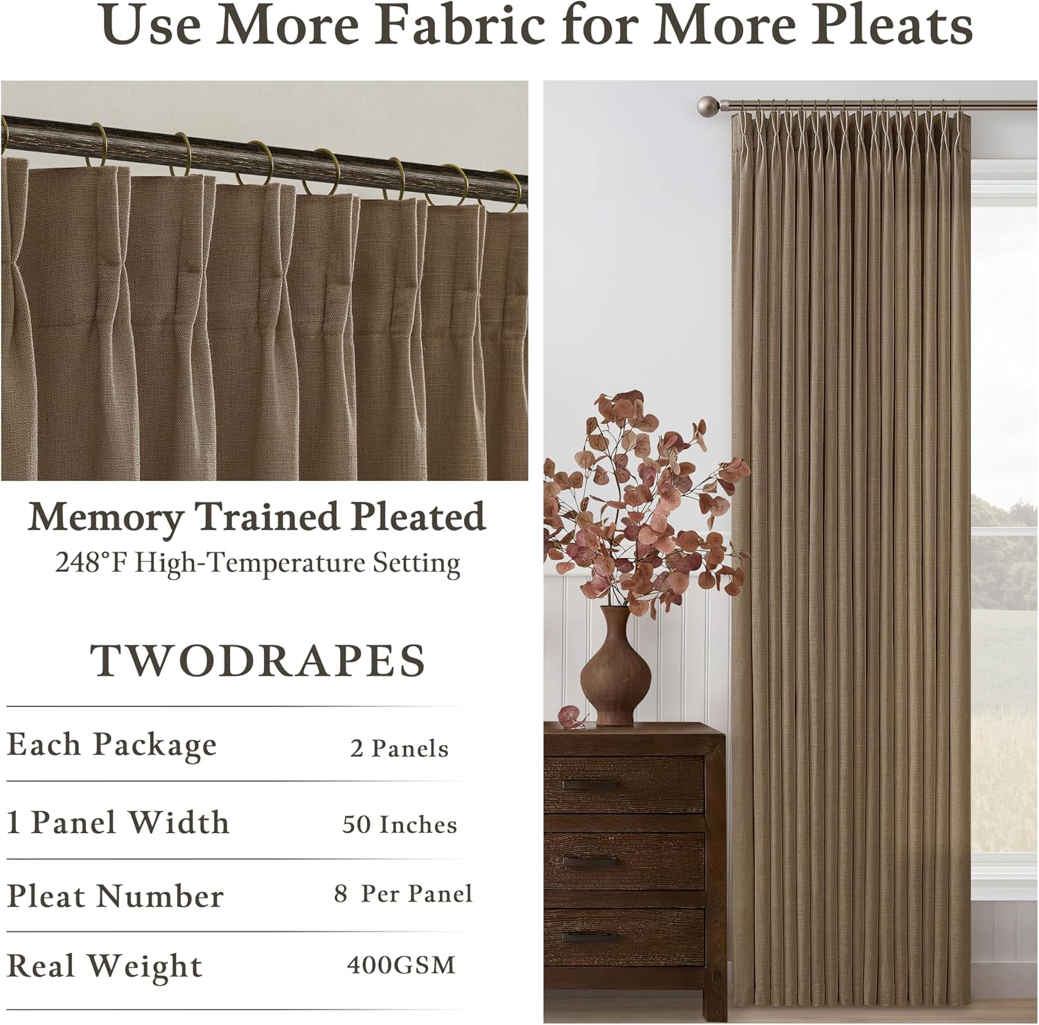 Detalle de Dutch Cocoa Pinch Pleated Linen Curtains (112-Inch Long), 2 Panels Set