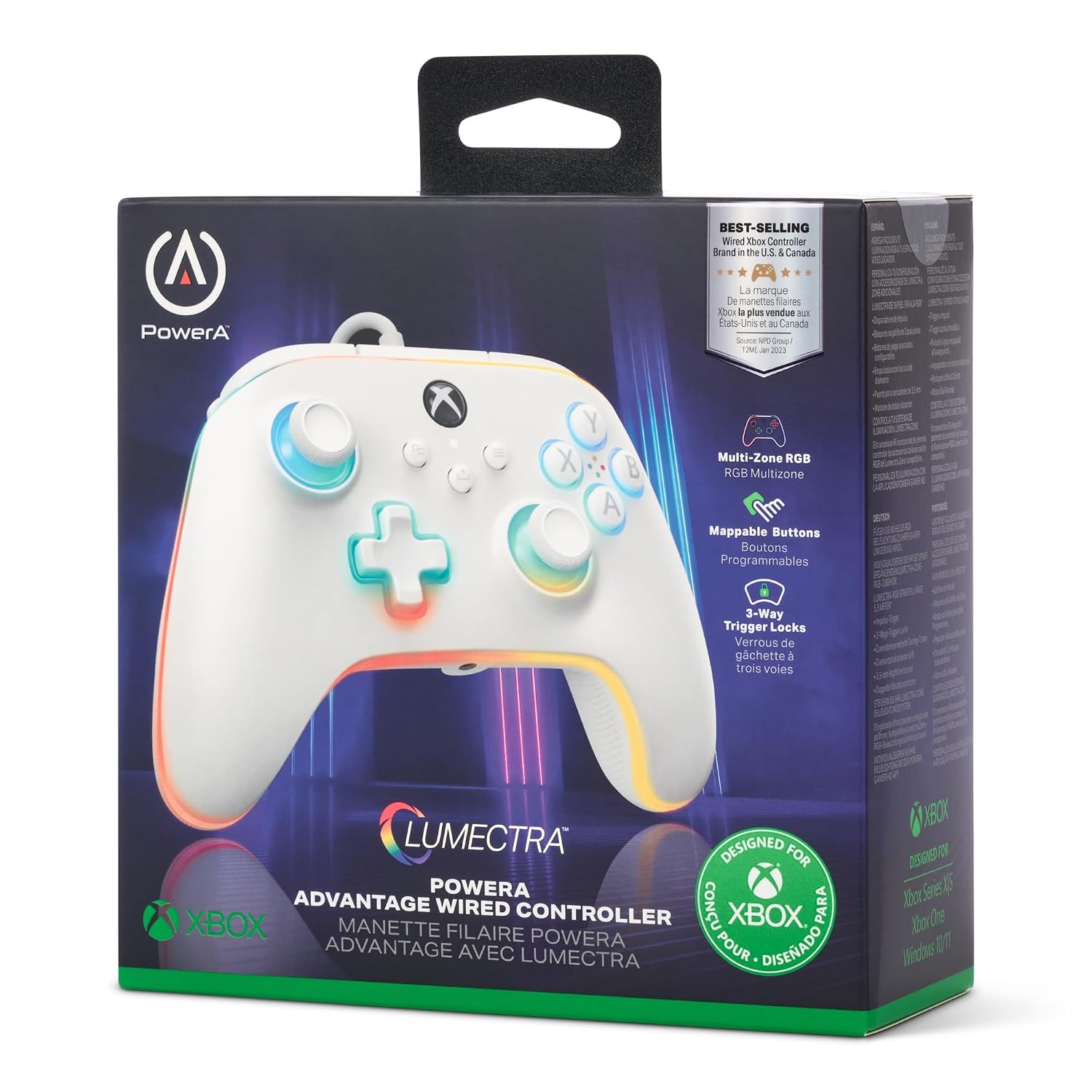 Detalle de PowerA kabelgebundener Advantage-Controller für Xbox Series X|S (Lumectra, weiß) mit Multizonen-RGB und 3-Wege-Trigger-Locks