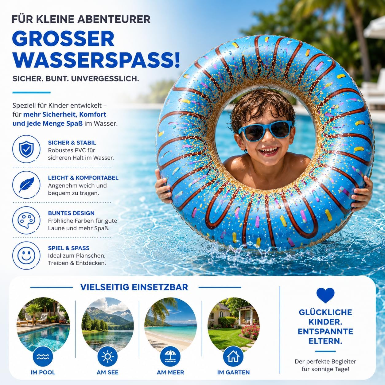 Thumbnail 5 de Aufblasbarer Schwimmring – Donut-Design, Ø120 cm, Getränkehalter, für Erwachsene und Kinder