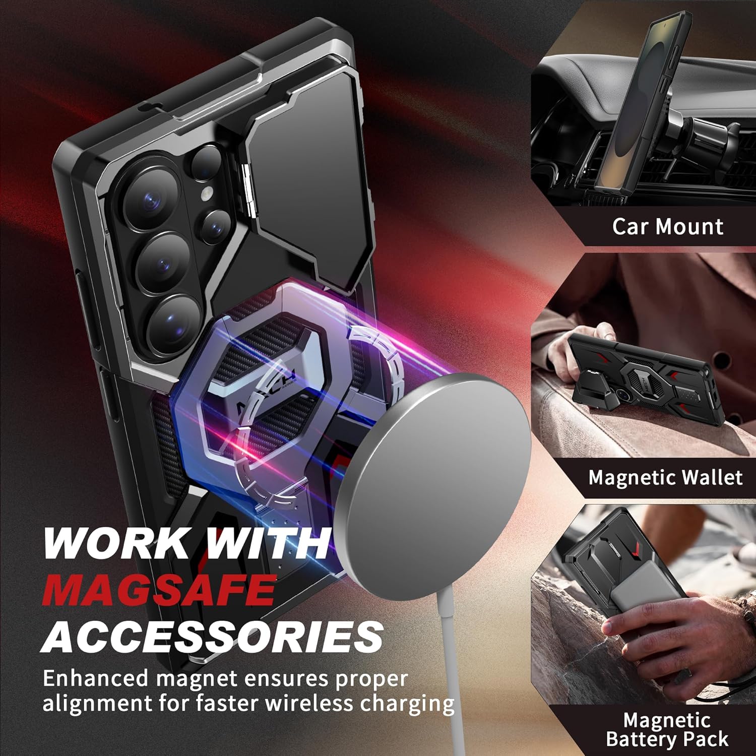 Thumbnail 2 de TONGATE for Samsung Galaxy S26 Ultra Case with Magnetic Stand, MagSafe Compatibility, Camera Cover & Ring Holder (Black)