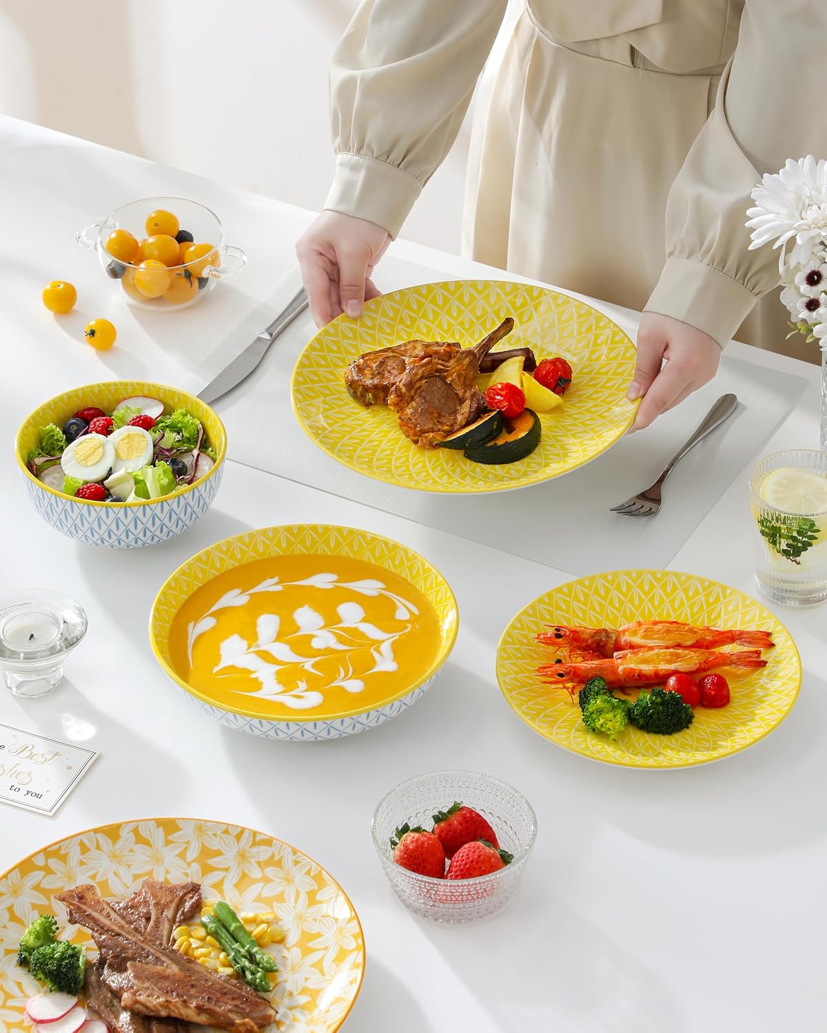 Detalle de vancasso SELENE Geschirrset 24-tlg für 6 Personen – Pastellporzellan mit Floral-Design