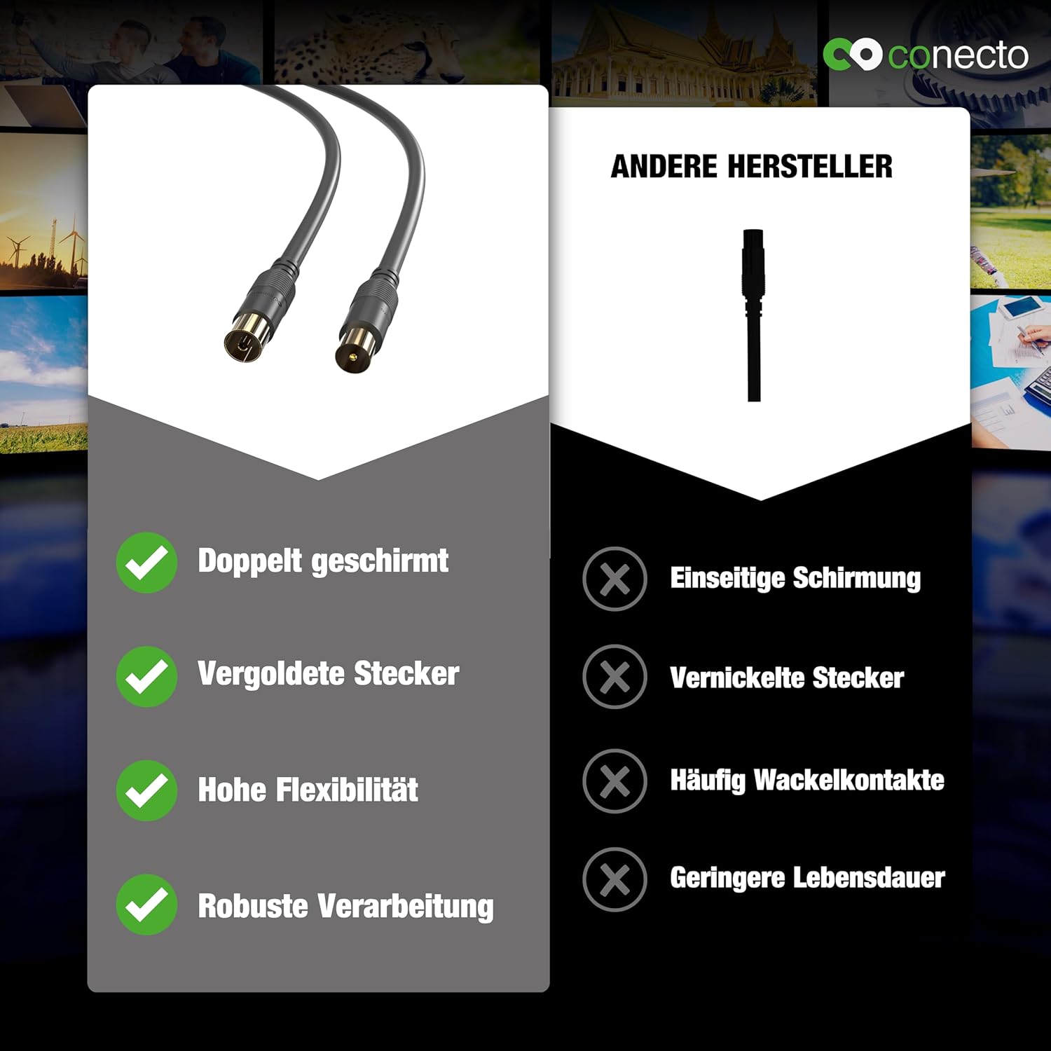 Thumbnail 4 de conecto Antennenkabel SAT Koaxialkabel (doppelt geschirmt) – IEC-Stecker auf IEC-Buchse, schwarz, 2,00 m