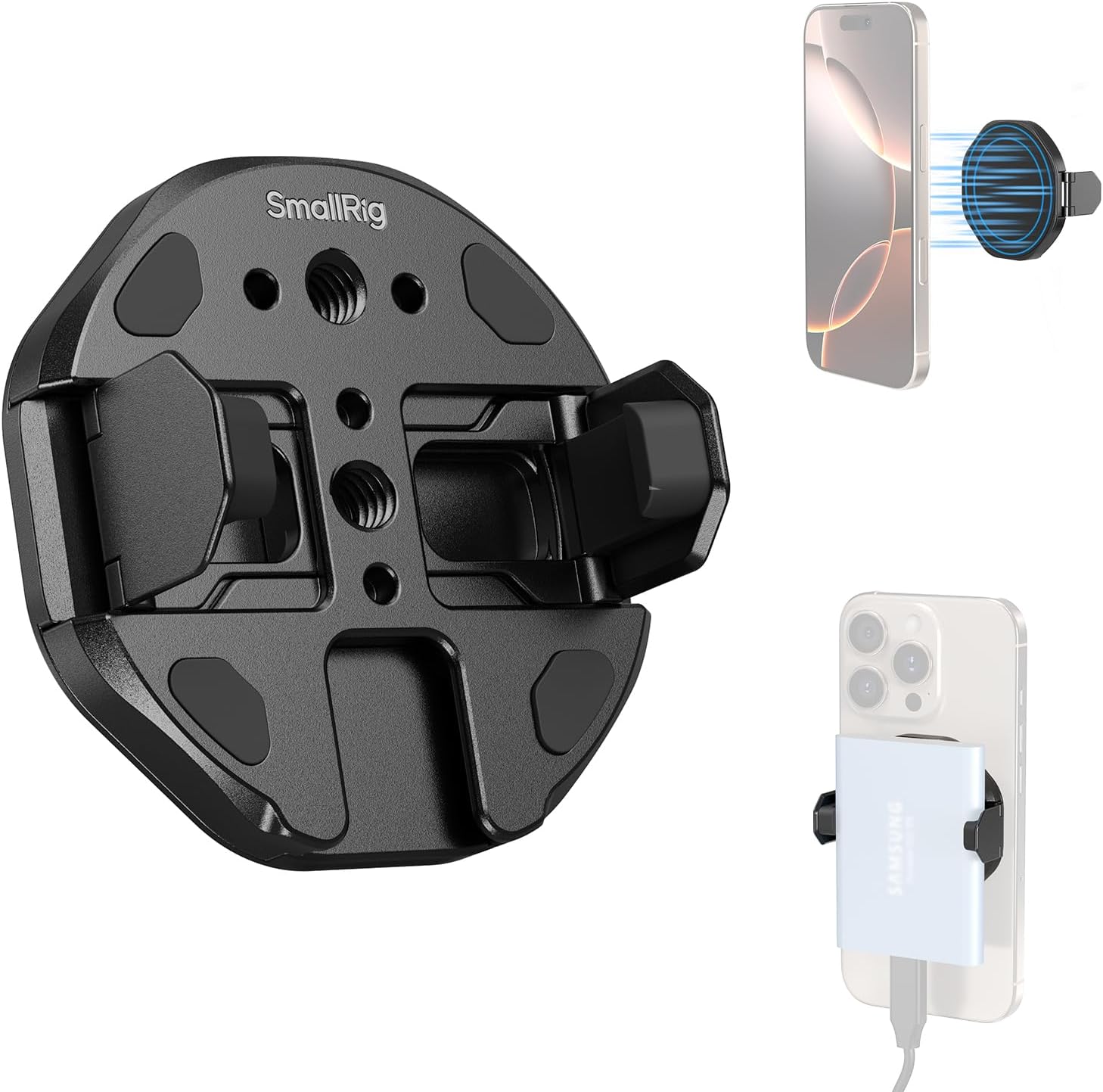 Detalle de SMALLRIG 5157 SSD-hållare för mobil med MagSafe, 45–70 mm och kallskofäste