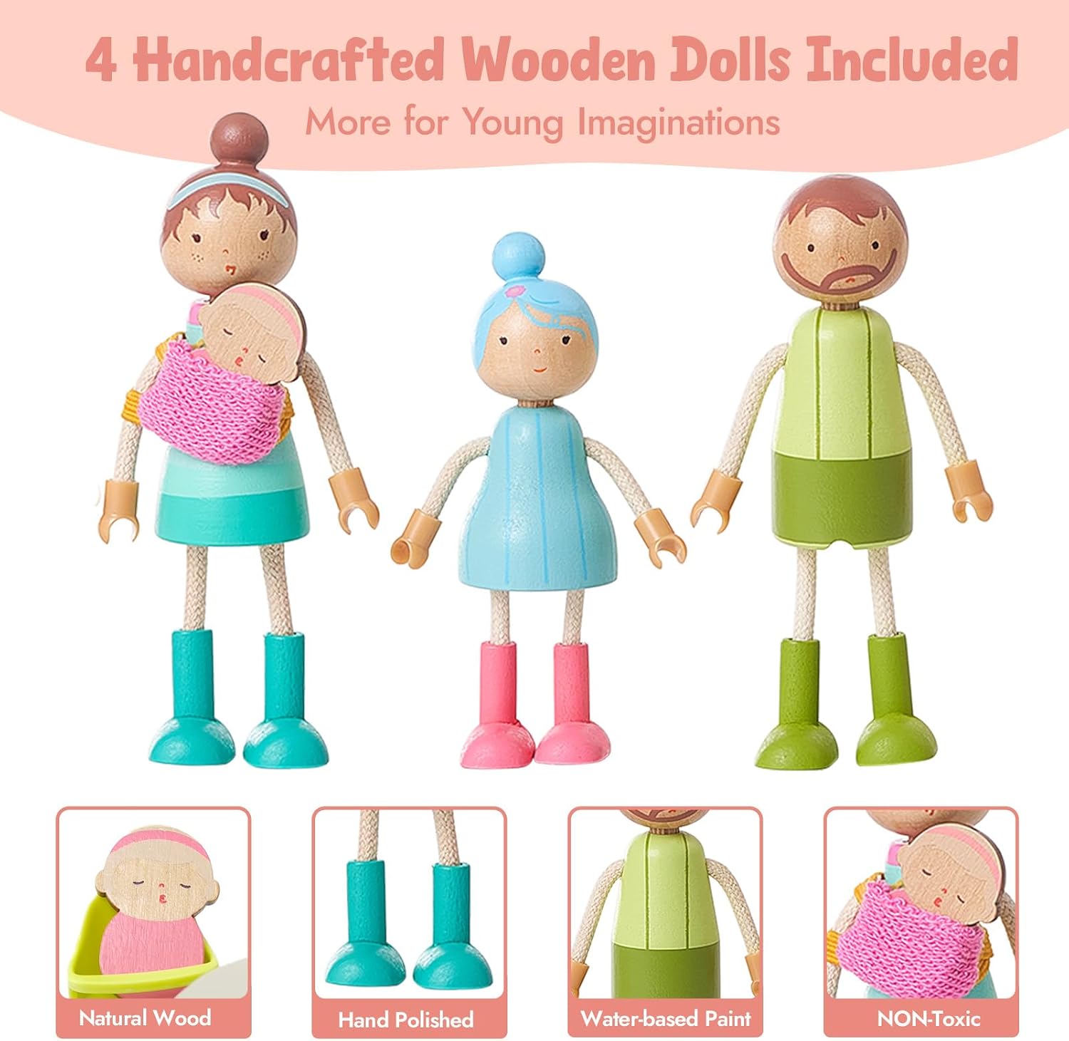Detalle de Giant bean Puppenhaus Möbel Set aus Holz (36-teilig) – Rosa, Puppenhaus-Zubehör für Kinder ab 3 Jahren