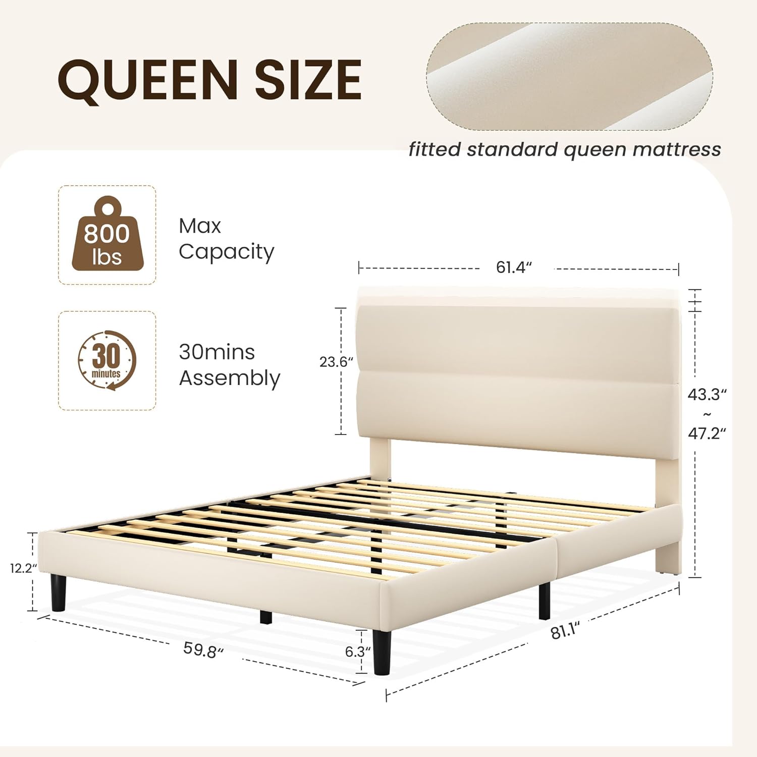 Detalle de GRUSIGN HFCJ-Q-WHT Queen Platform Bed Frame with Adjustable Beige Velvet Headboard