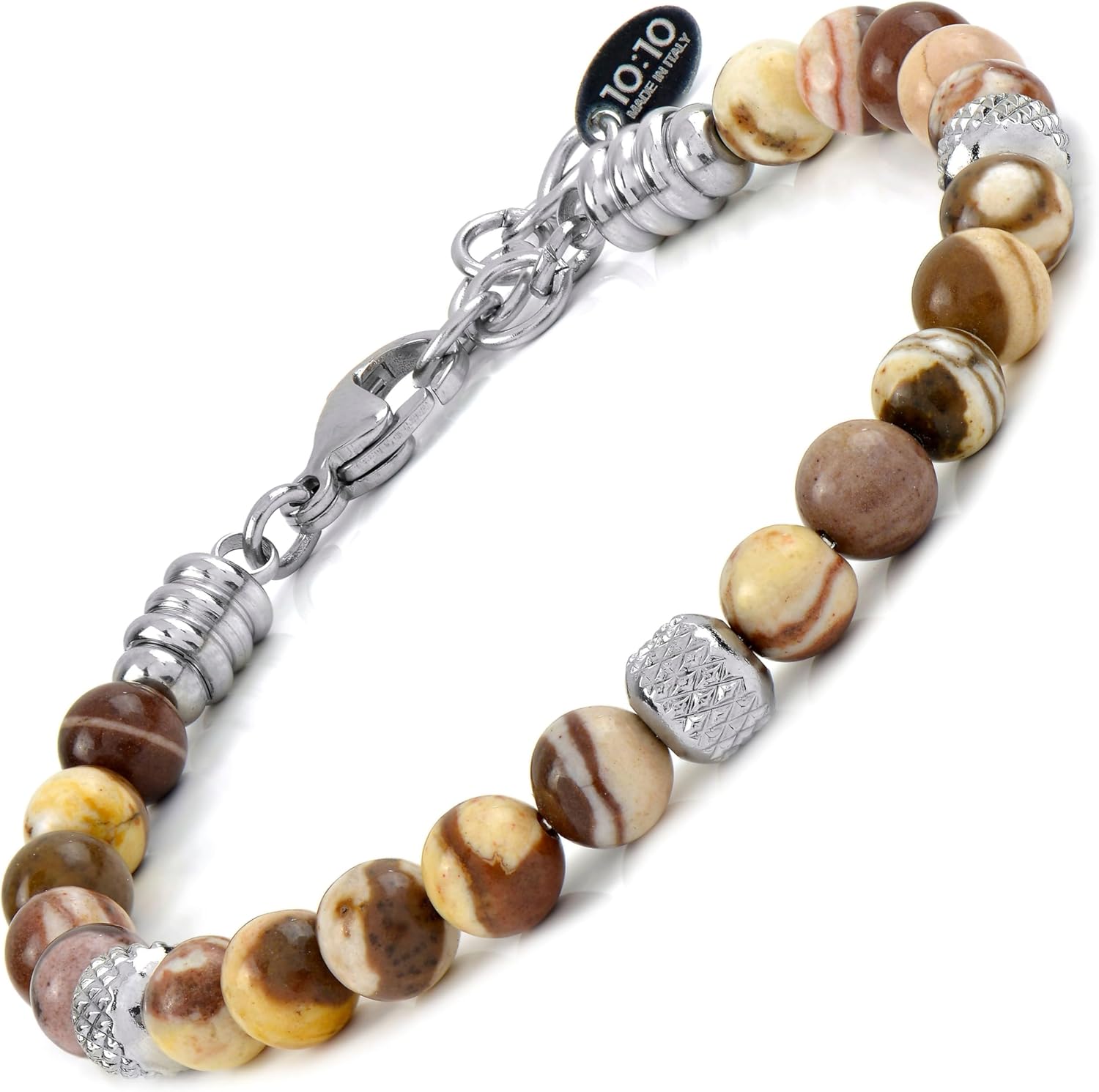 Detalle de 10:10 Bracciale con pietre naturali agata Picasso da 6 mm — acciaio inox, 21 cm, produzione italiana