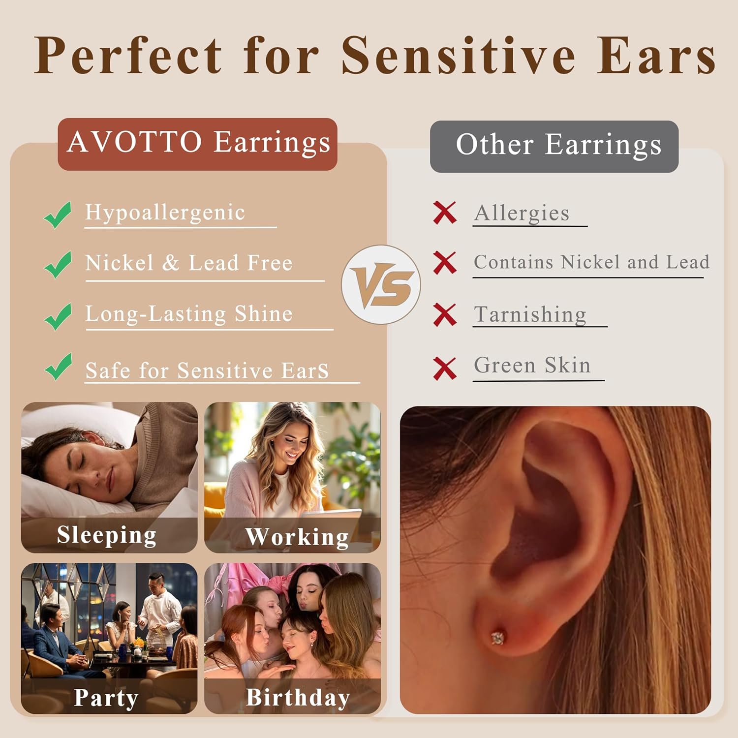 Thumbnail 4 de AVOTTO 3-pair sterling silver stud hoop earrings set (hypoallergenic) for women