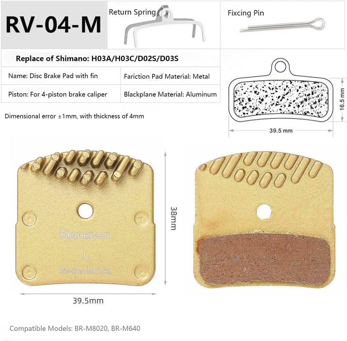 Detalle de Bike Brake Pads with Cooling Fin for Shimano Deore XT M8020 / Zee M640 / Saint M810/M820 — 2 Pair