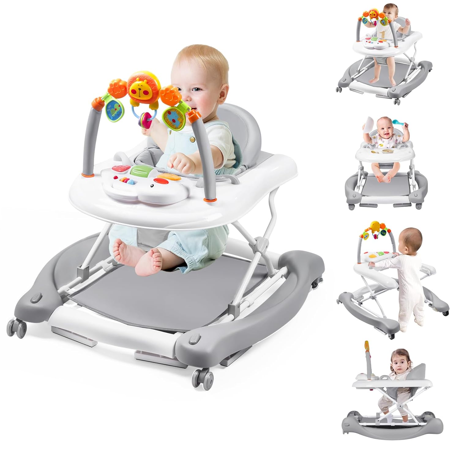Detalle de Boyro 5-in-1 Baby Walker: 6–18 Months, 3-Position Height, Foldable with Music and Toys