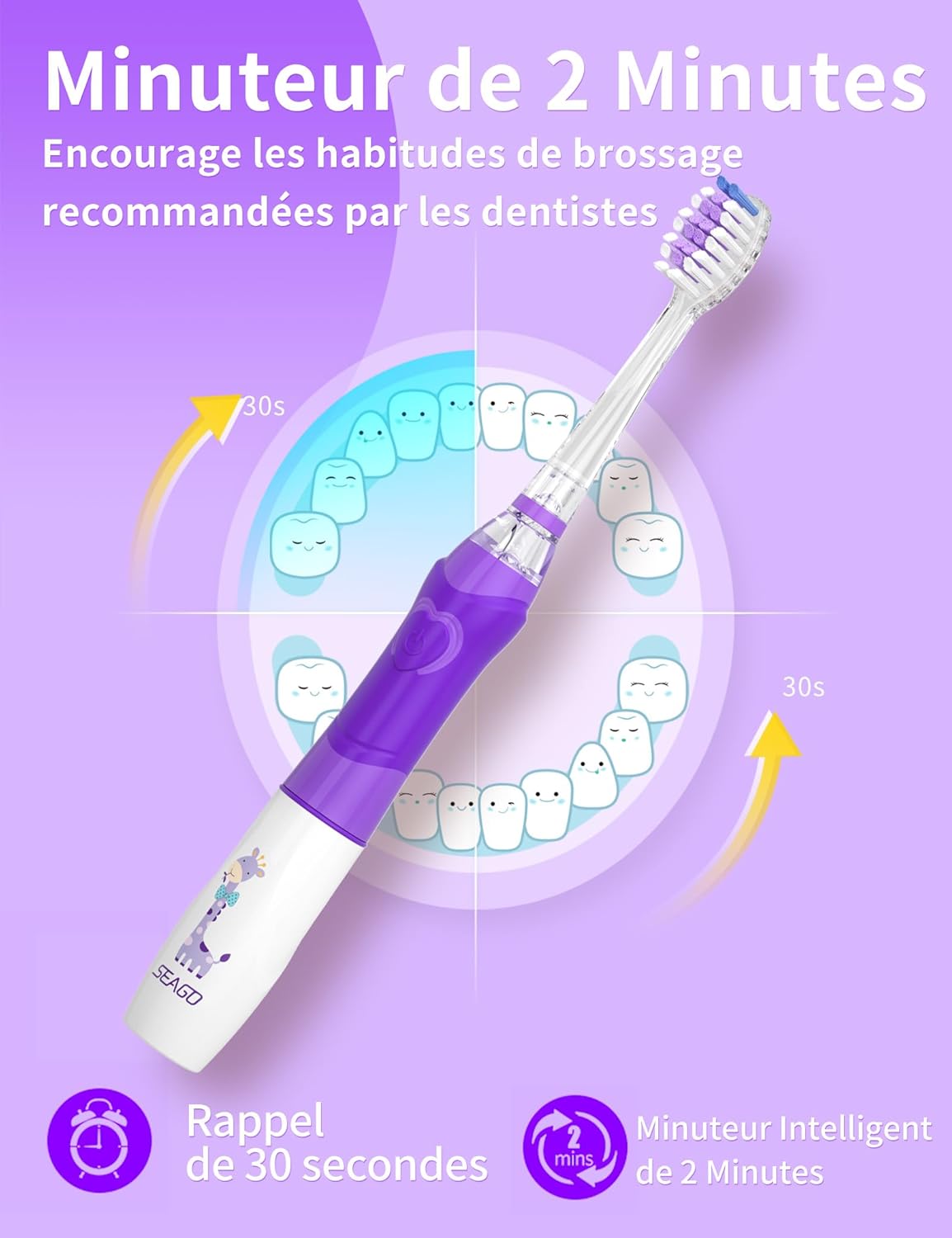 Detalle de Seago brosse à dents électrique enfant SG977 Violet – 4 têtes, LED colorées, minuterie 2 min, IPX7