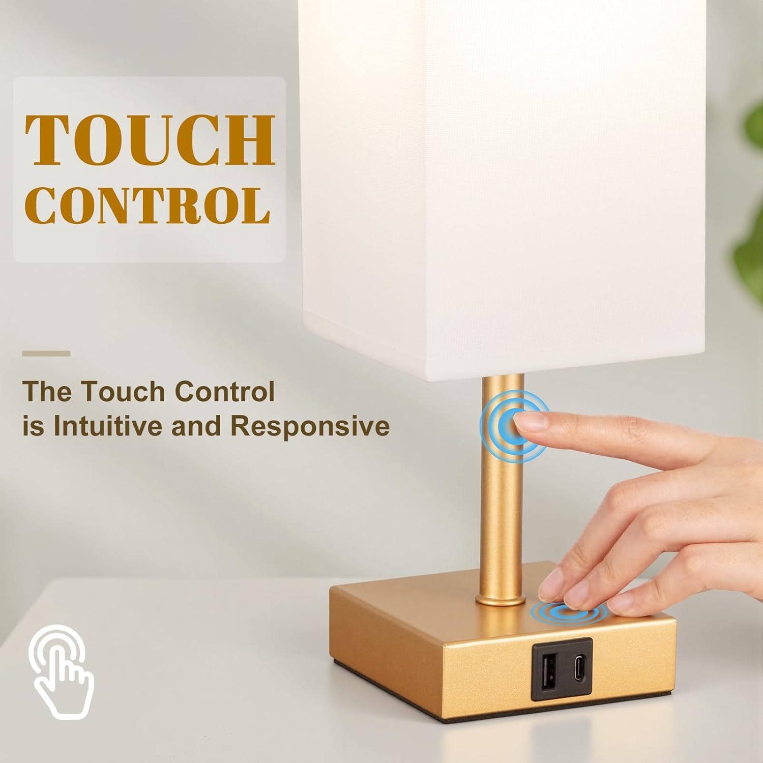 Thumbnail 3 de Aooshine Gold Touch Lamp with USB-C + USB-A Charging Ports and White Linen Shade
