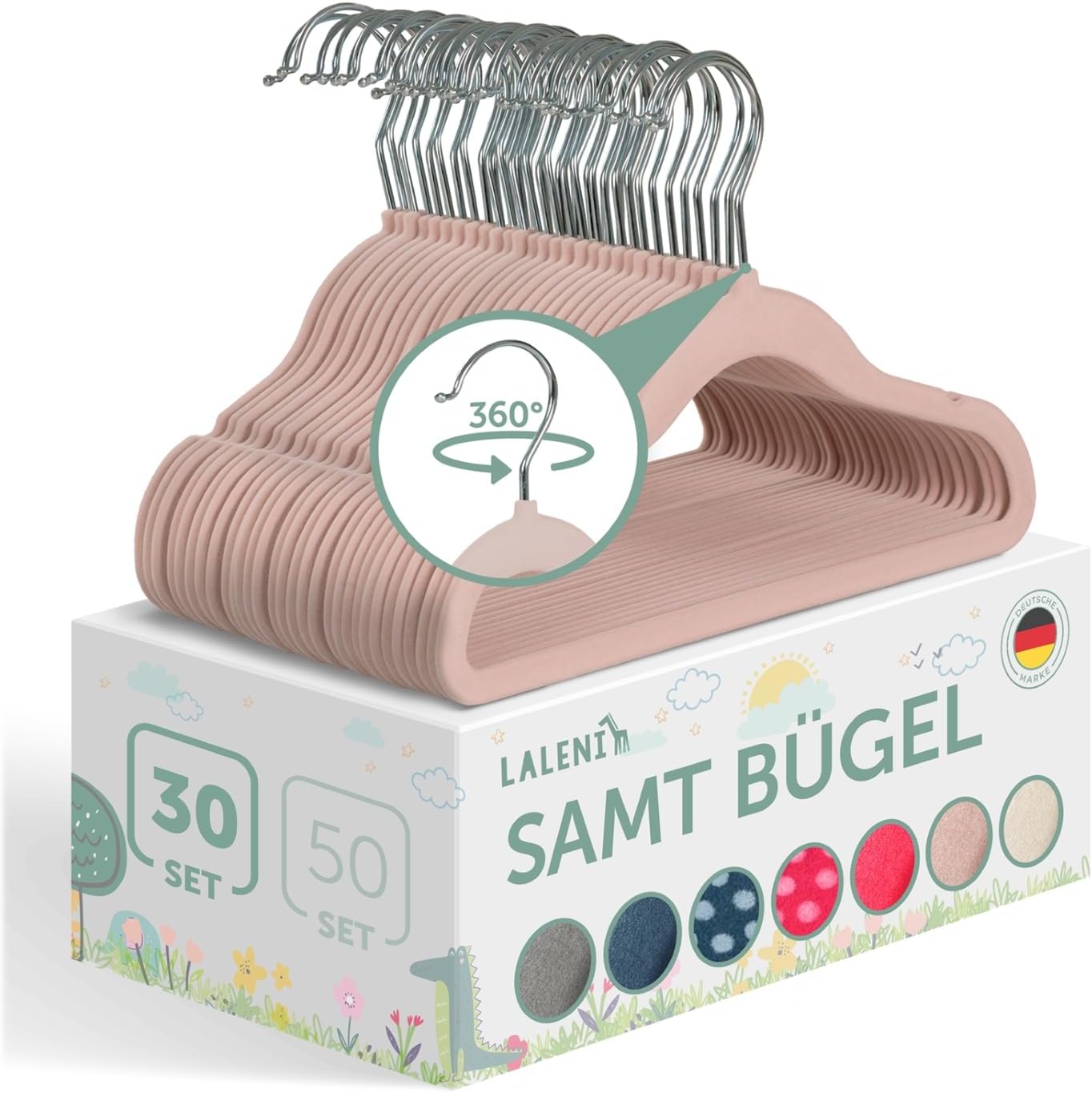Laleni Kinderkleiderbügel (30er-Set) mit Samtbezug, 360° Drehhaken – rutschfest für Kinderkleidung