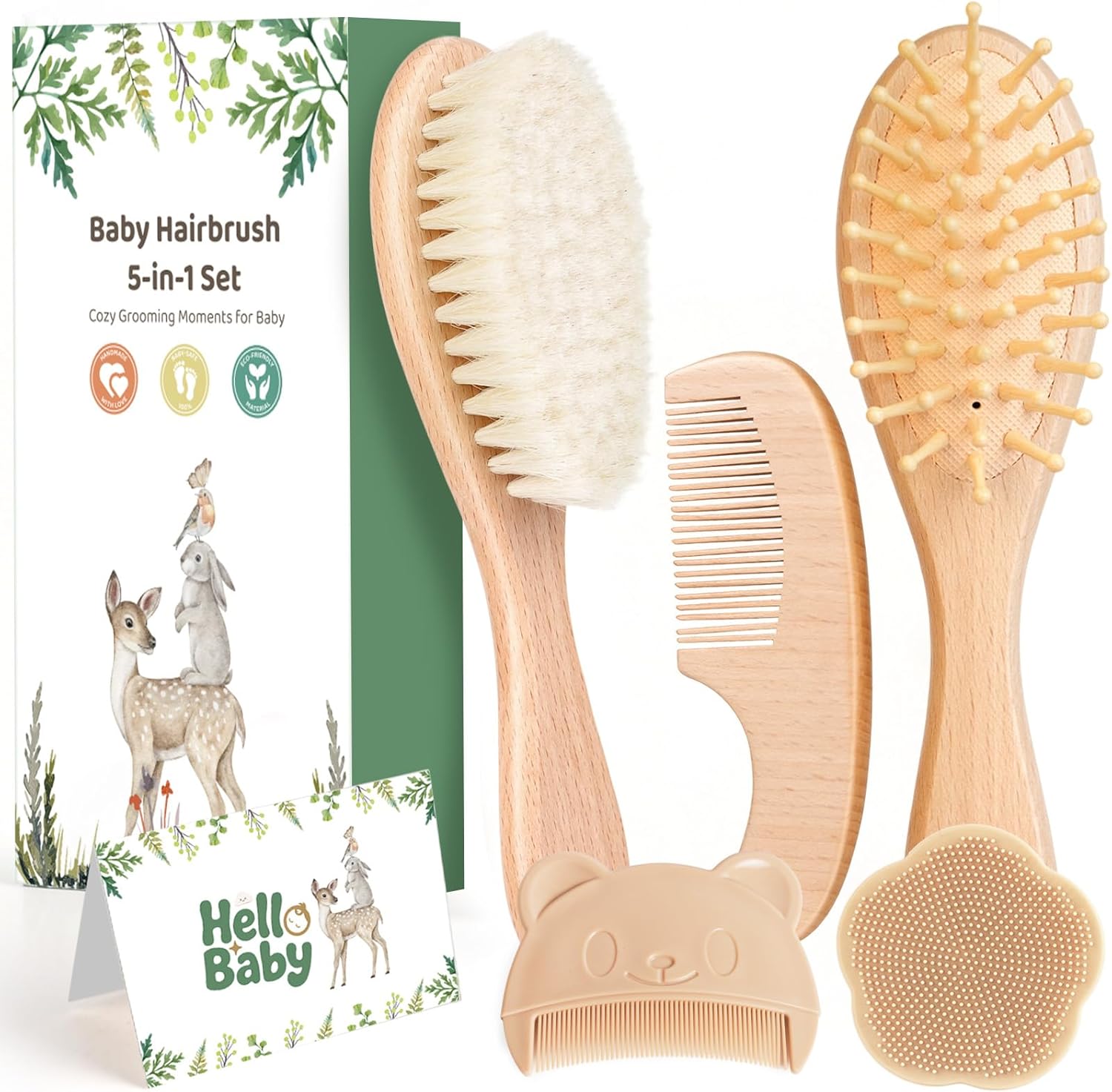 GVOO Baby Hair Brush Set, 5-Piece Wooden Grooming Kit with Goat Hair Bristles