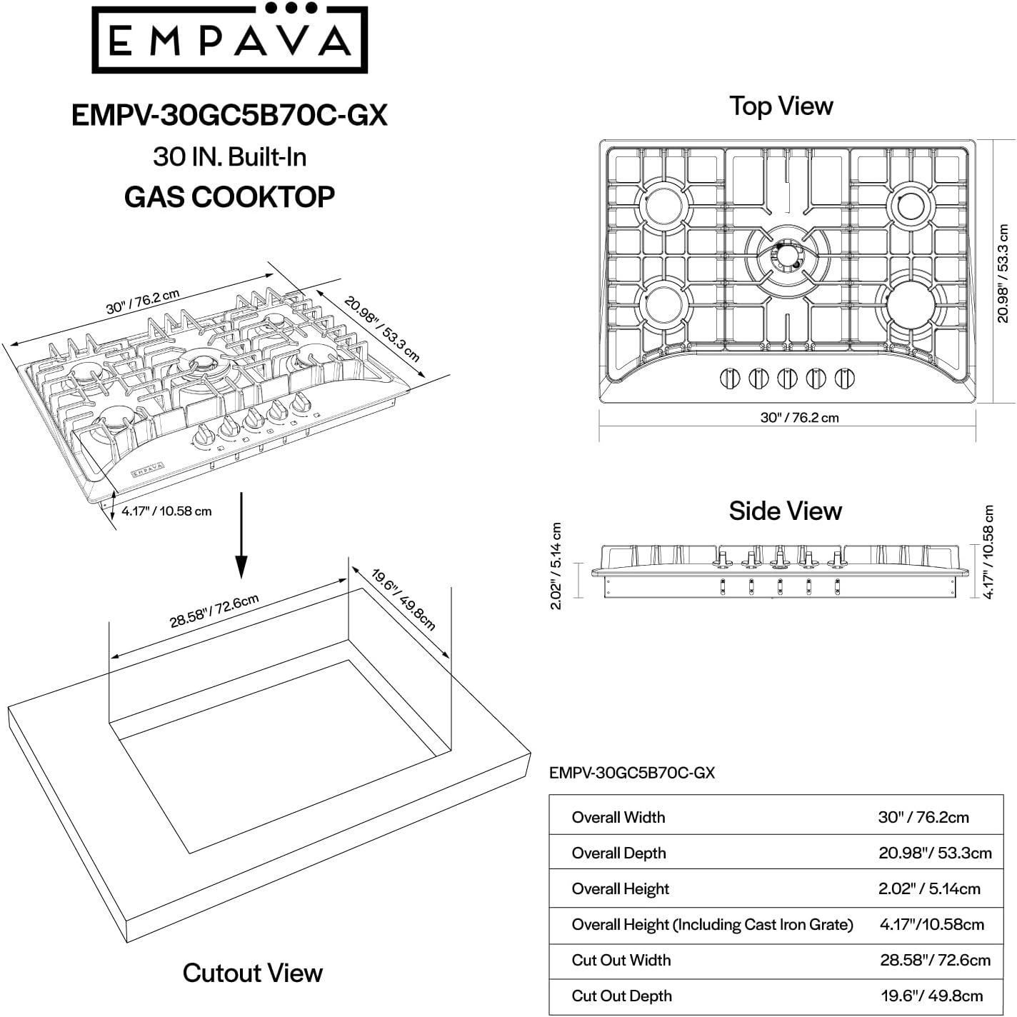 Detalle de Empava 30XGC5B70C 30-Inch Built-In Gas Cooktop, 5 Burners, Stainless Steel