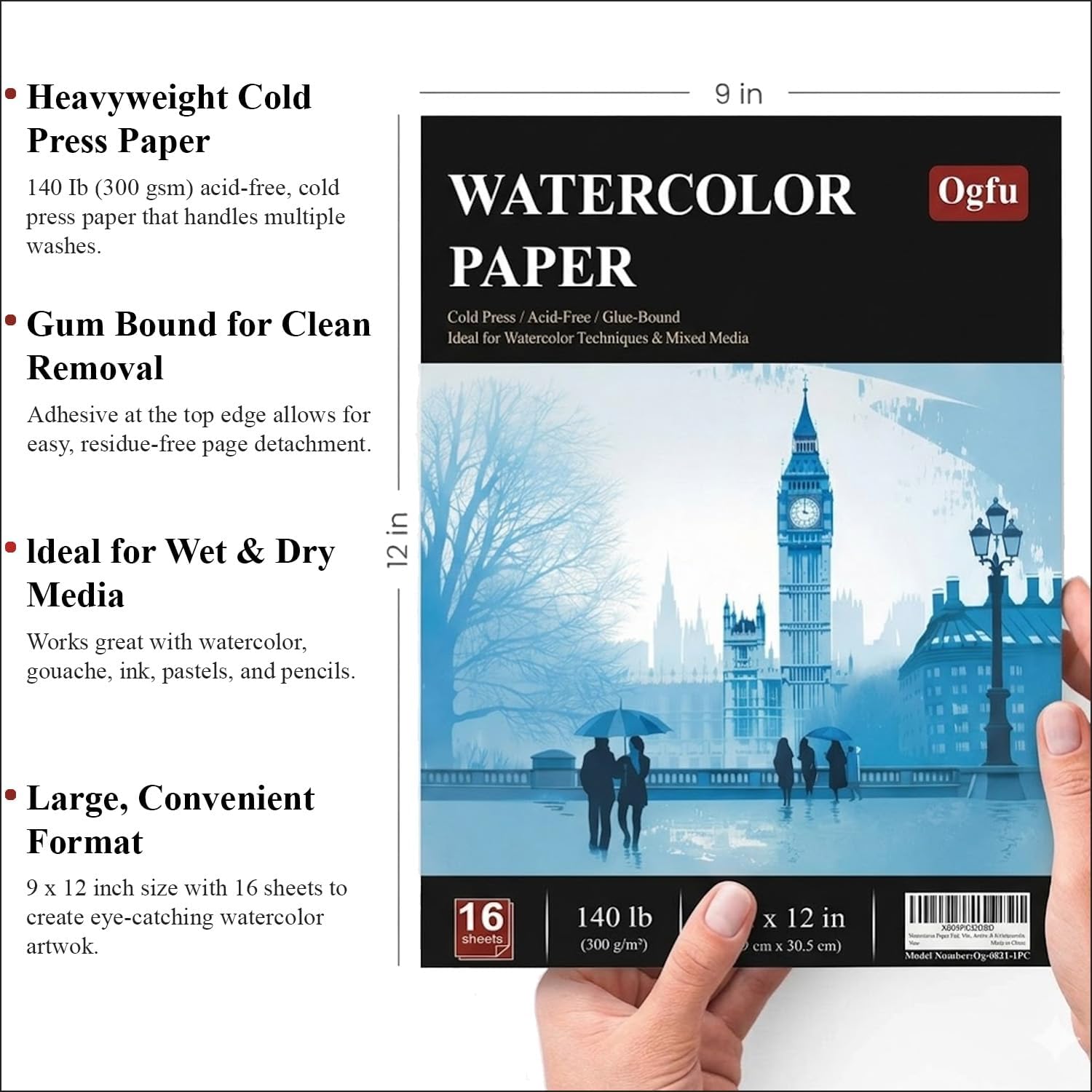 Detalle 2 de Ogfu Watercolor Paper Pad (9"x12", 140 lb / 300 gsm) Cold Press, Acid-Free