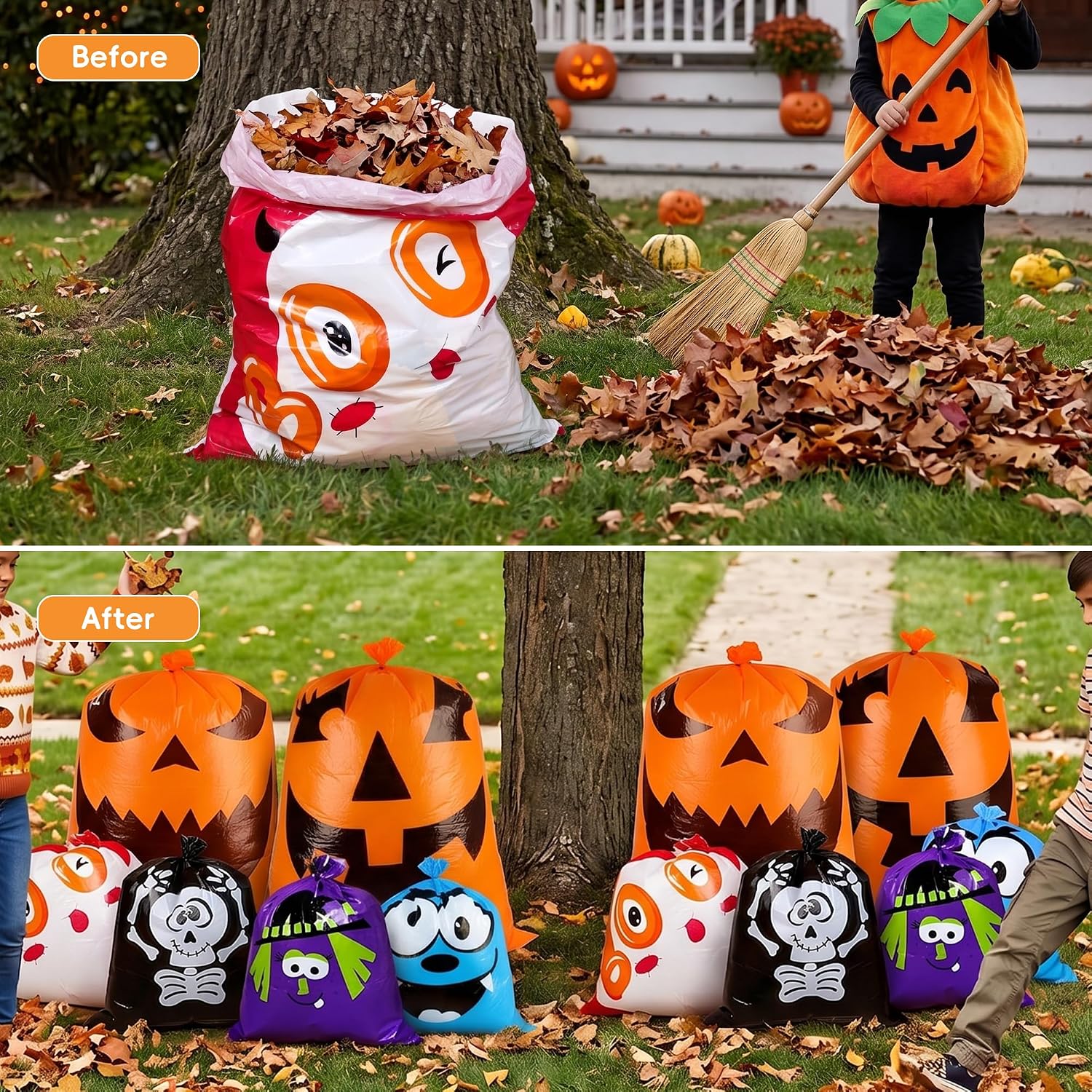 Detalle de HOIIOH 12 Halloween Leaf Lawn Bags, Reusable Plastic, 2 Sizes