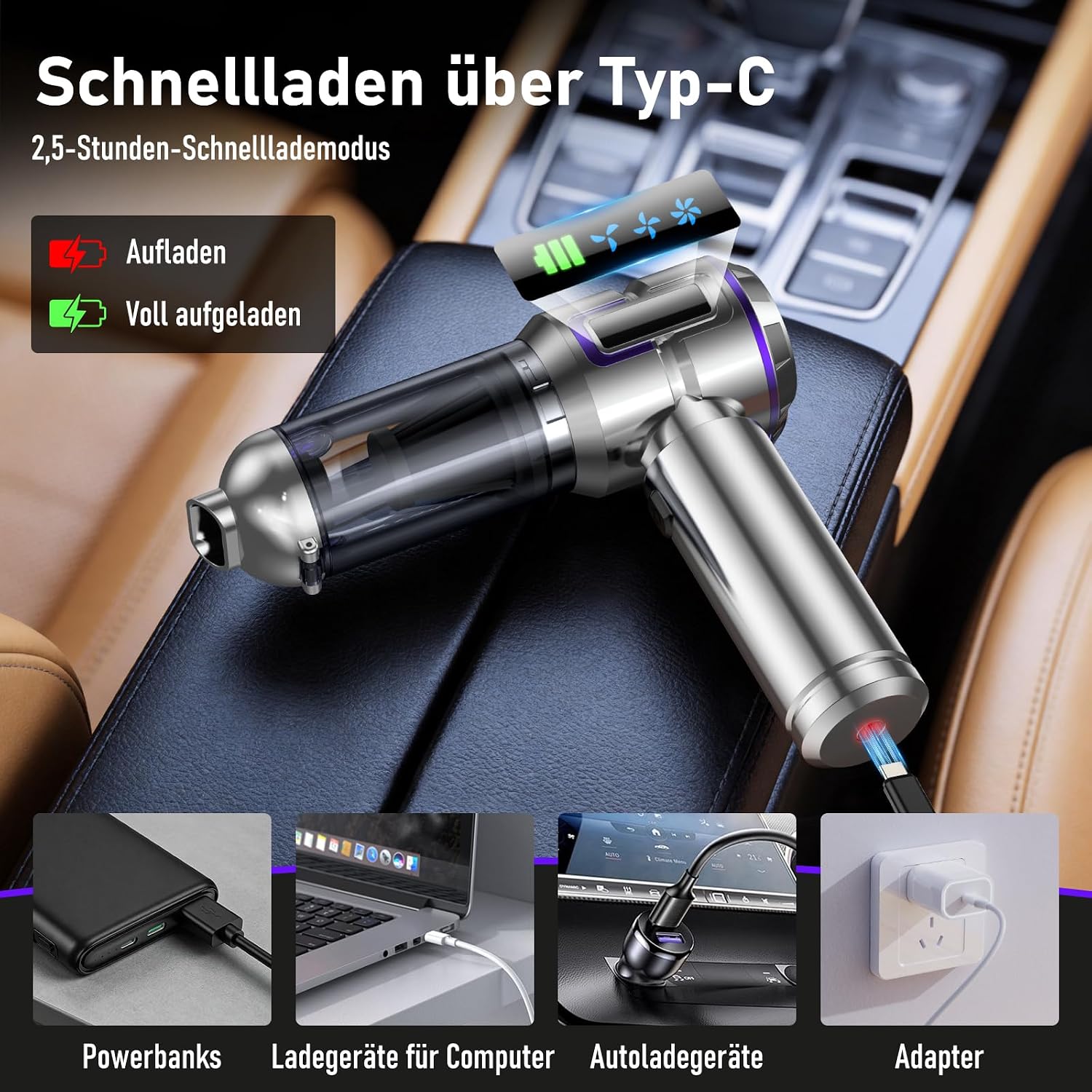 Detalle 2 de botatio Handstaubsauger 25000Pa 4-in-1 mit Display & Selbstentleerung – 3-Stufen Motor, Akku, Silber