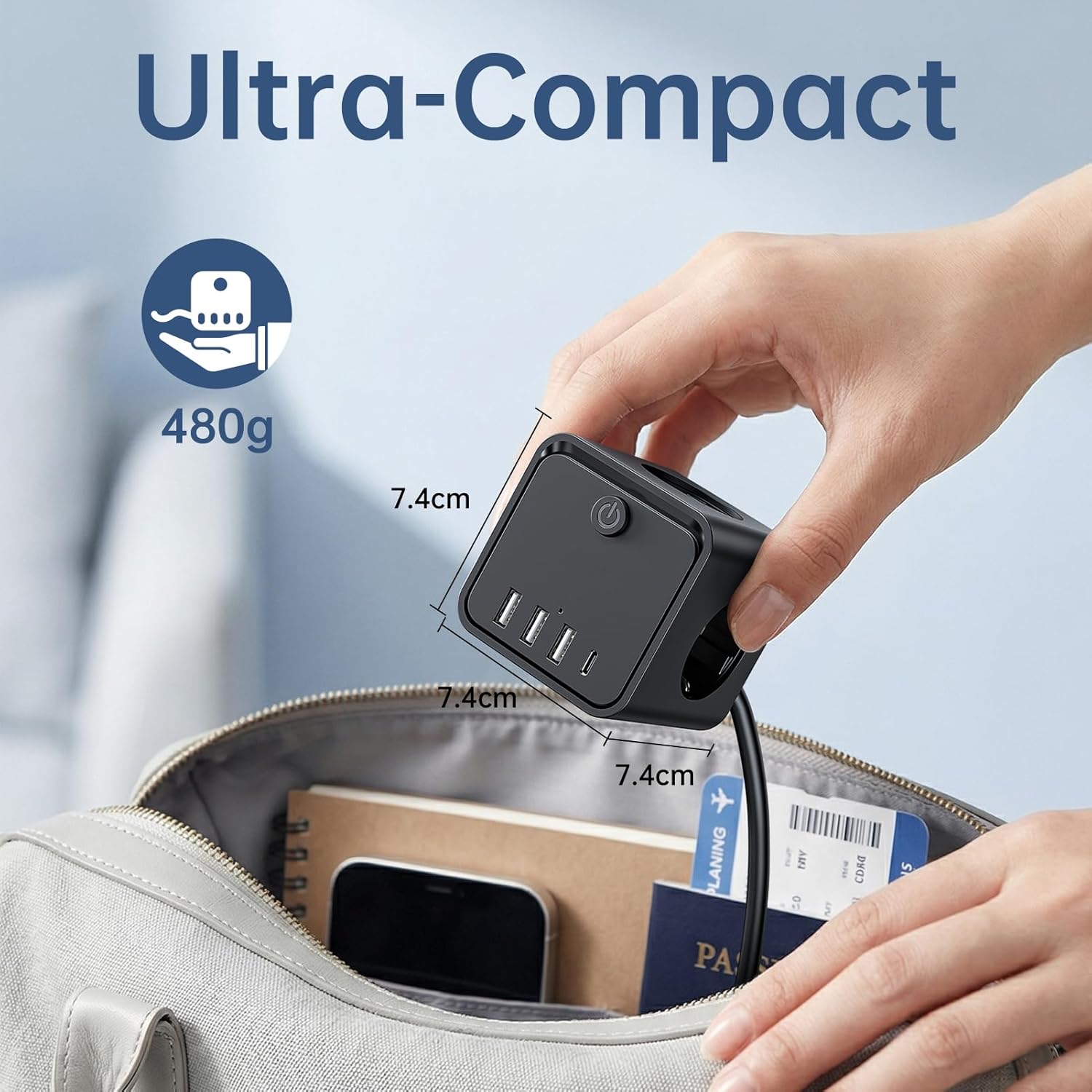 Thumbnail 4 de KEMELO Steckdosenwürfel mit USB 7 in 1 – 7,4 cm kompakt, 2 m Verlängerungskabel und schaltbarer Save-Energy-Schalter