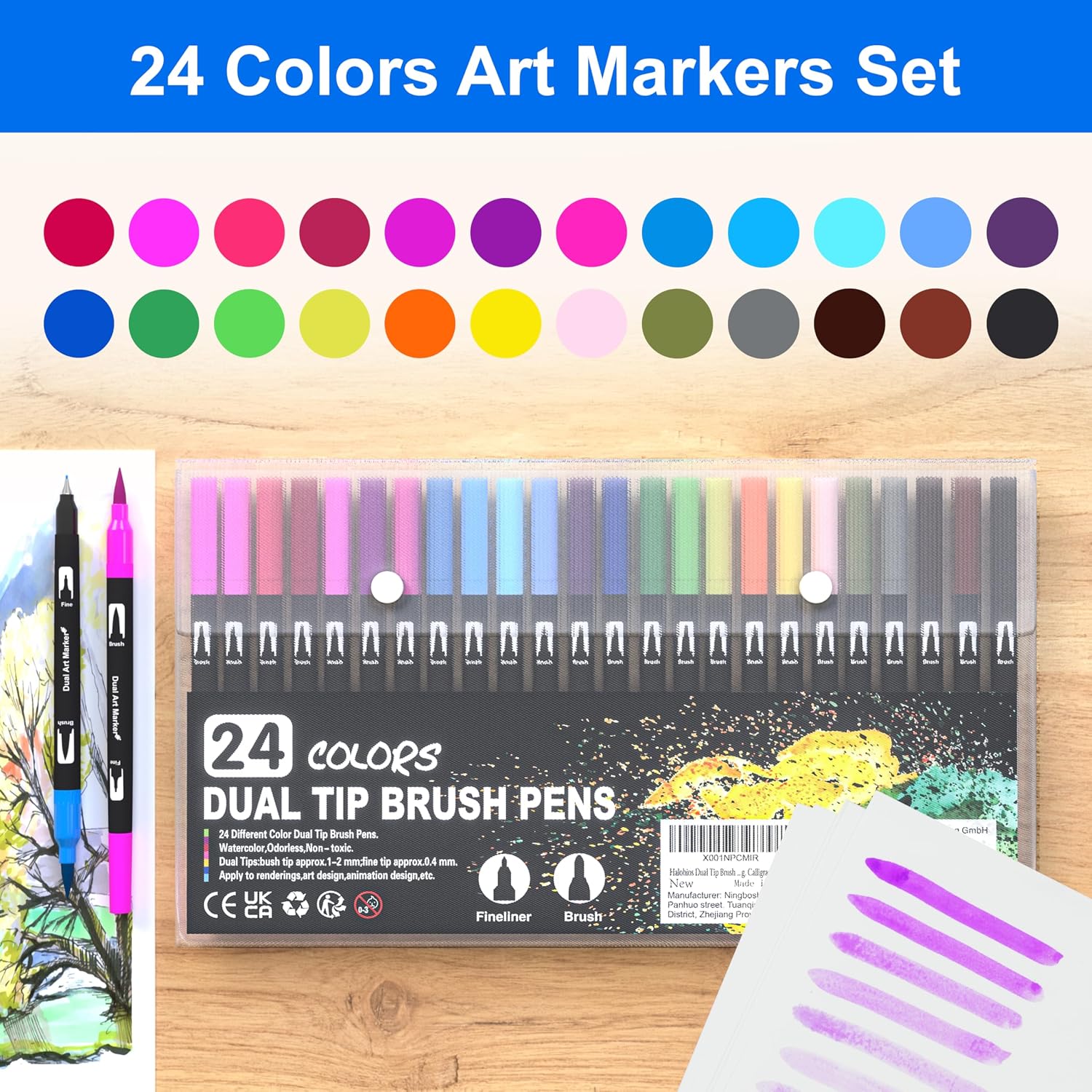 Detalle de Halobios Dual Tip Brush Pens – 24 Colour Set for Creative Drawing and Colouring