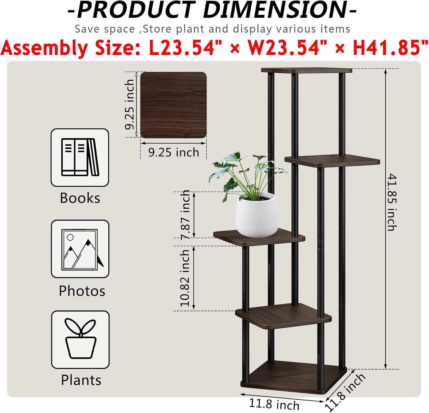 Thumbnail 3 de AZERPIAN AZH725 5-Tier Plant Stand, Metal Frame, Black Oak MDF Shelves