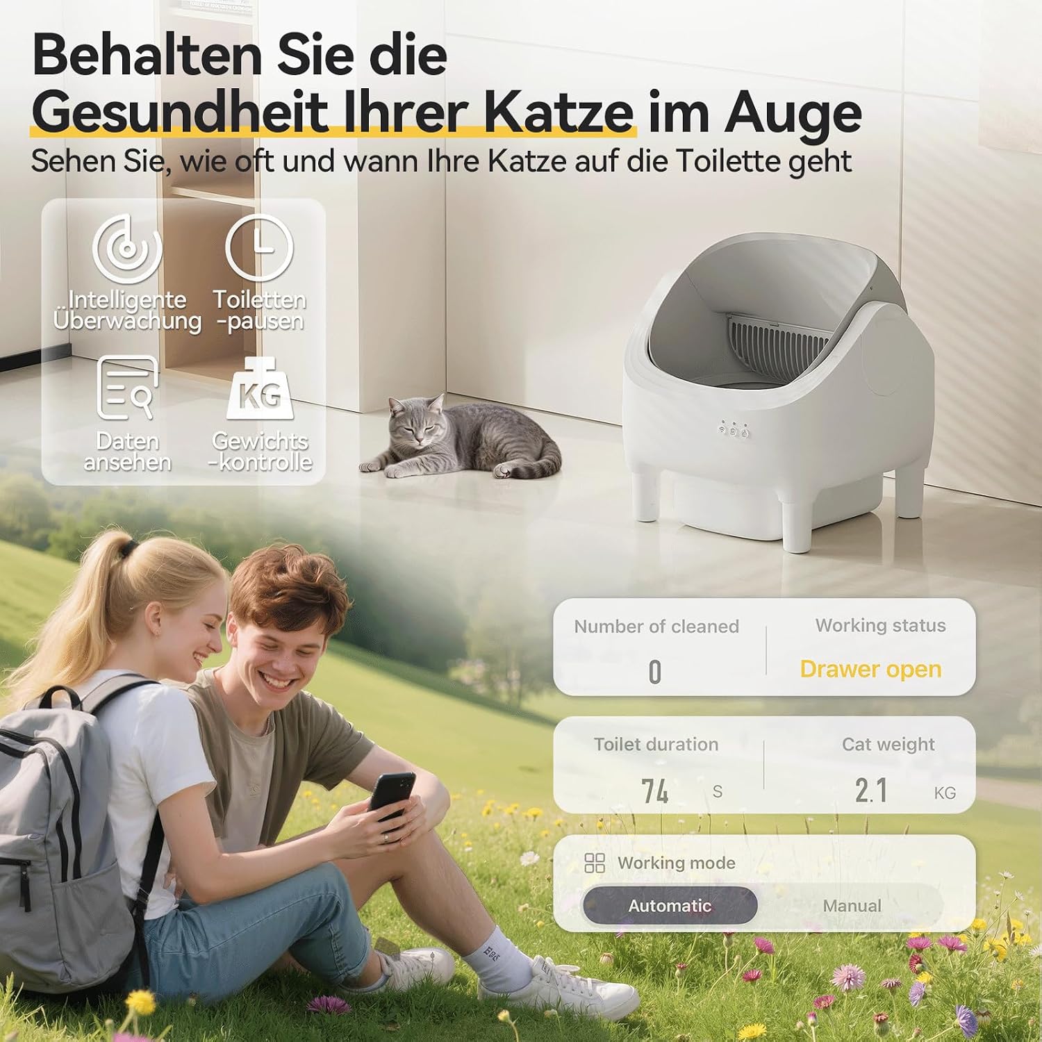Detalle de JUMMICO Selbstreiniger Katzentoilette – XXL Top Open Design mit App-Kontrolle