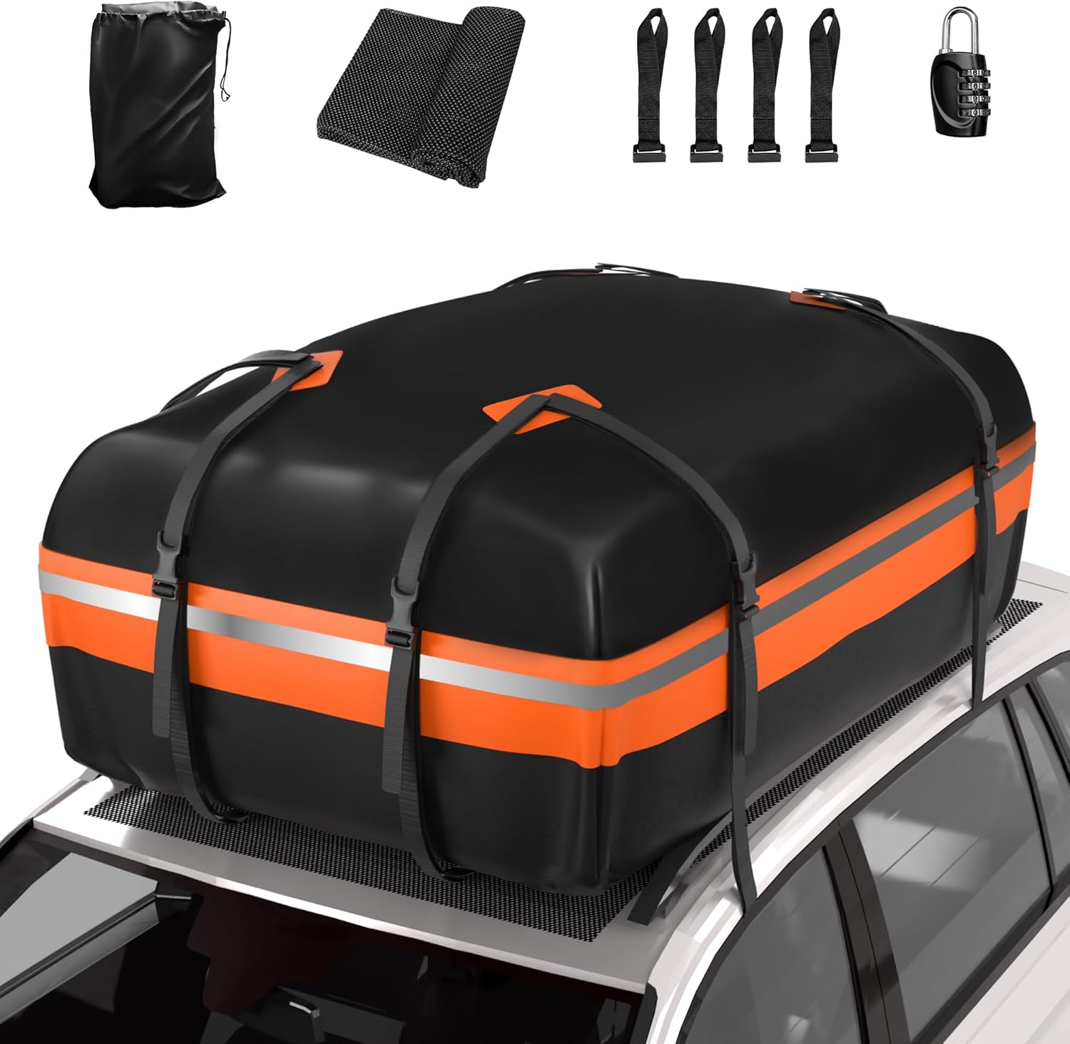 Detalle de Signstek Car Roof Cargo Bag: 1000D PVC Waterproof, 15 cu ft with 8 reinforced straps