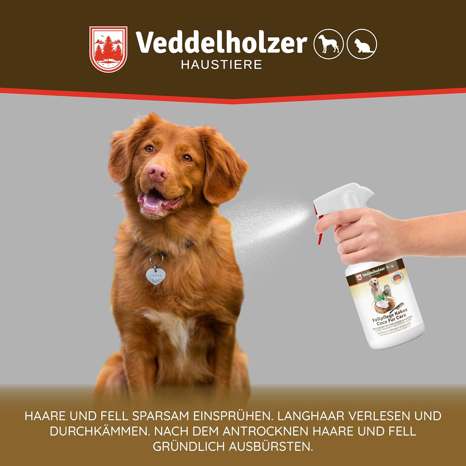 Detalle de Veddelholzer Kokos Fellpflege Spray für Hund & Katze – Entfilzung, Glanz & Duft 500 ml