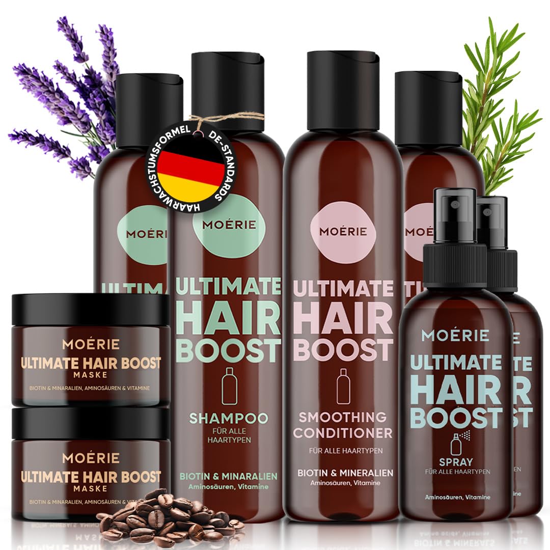 Detalle de Moerie Shampoo Set gegen Haarausfall (Conditioner, Haarwachstums-Serum & Haarmaske, veganes 8er-Set mit 77 Mineralien)