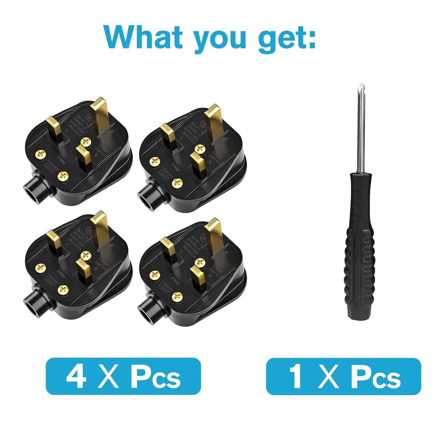 Thumbnail 5 de 8-Pack Rubber Composite Rewireable 13 Amp Fused 3-Pin UK Plugs with Cord Grip (Black)