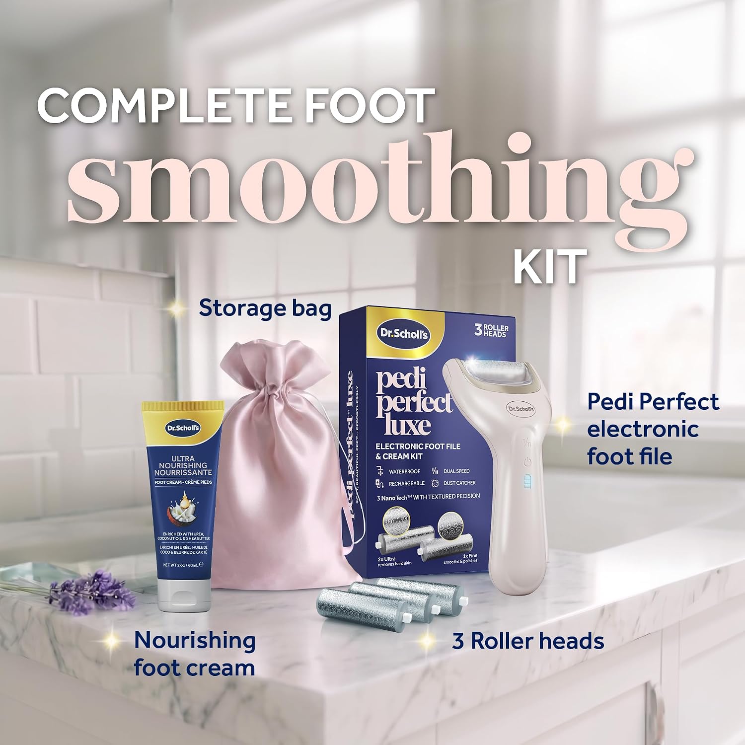 Thumbnail 1 de Dr. Scholl's Pedi Perfect Luxe Electric Foot File Kit with Cream, 3 Roller Heads
