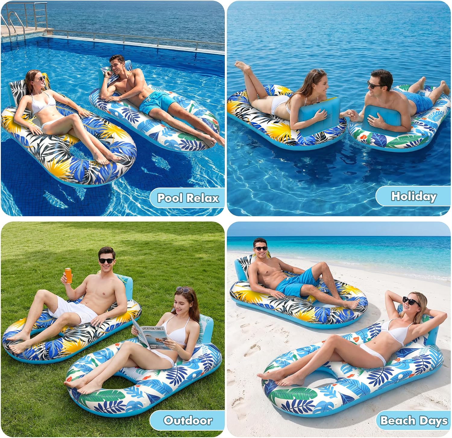 Thumbnail 3 de 2-Pack Adult Pool Float Loungers with Cup Holders, Backrest & Footrest (Pink/Blue)