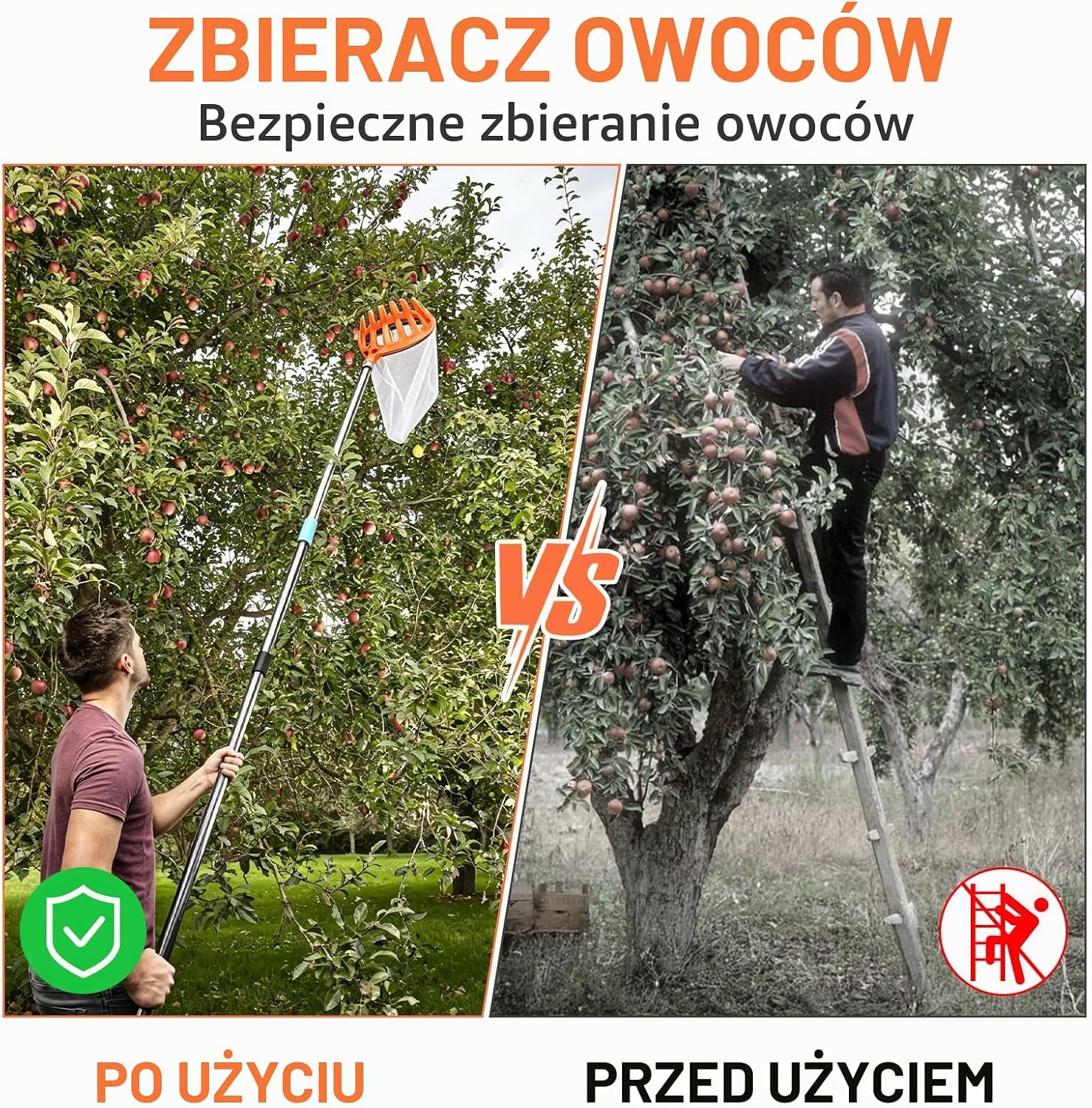 Detalle 1 de DBREAKS Zbieracz owoców 4,2 m z teleskopowym trzonkiem i bawełnianym workiem