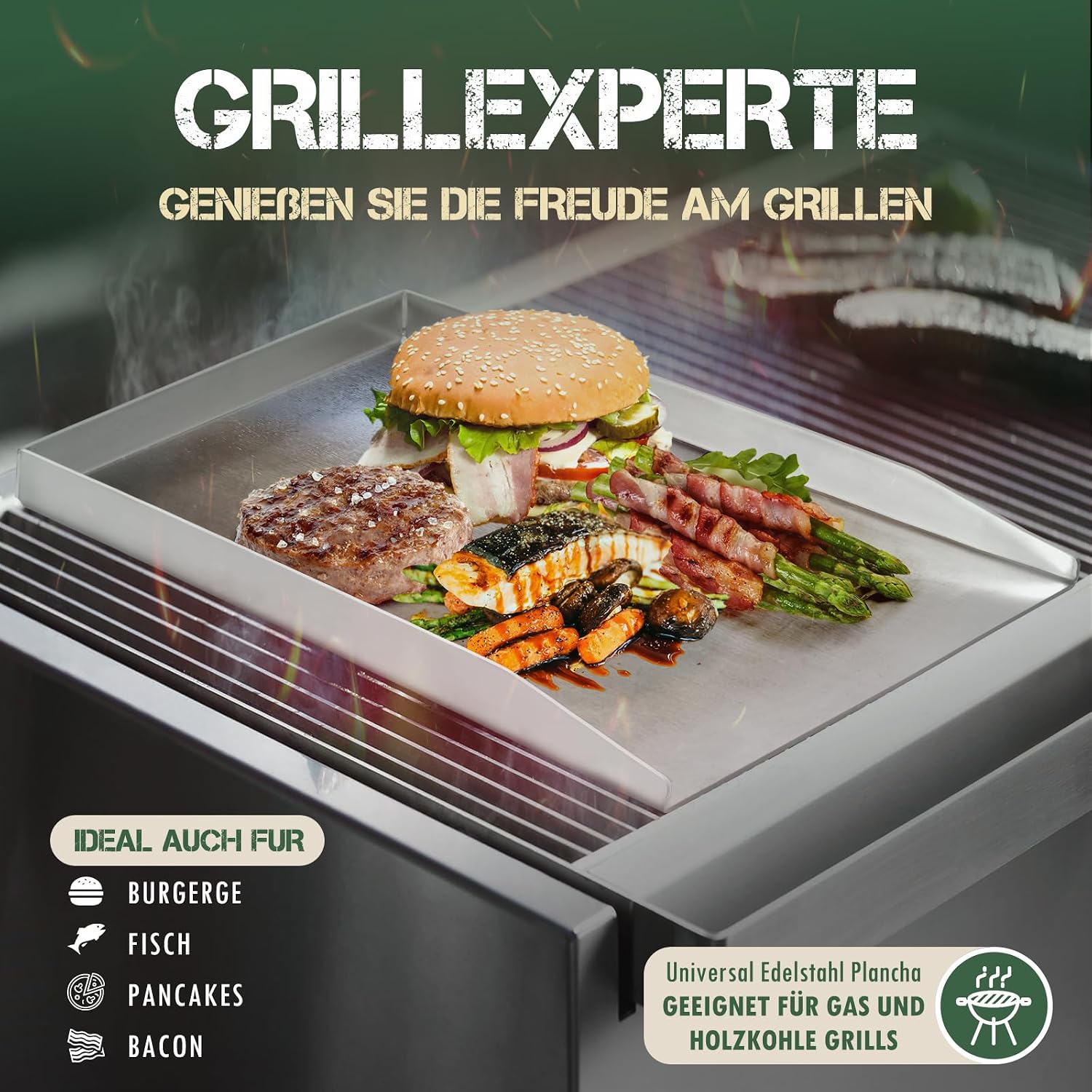 Detalle de WUCHAITOO grillplatta i rostfritt stål, 28 x 20 cm för gas- och kolgrill