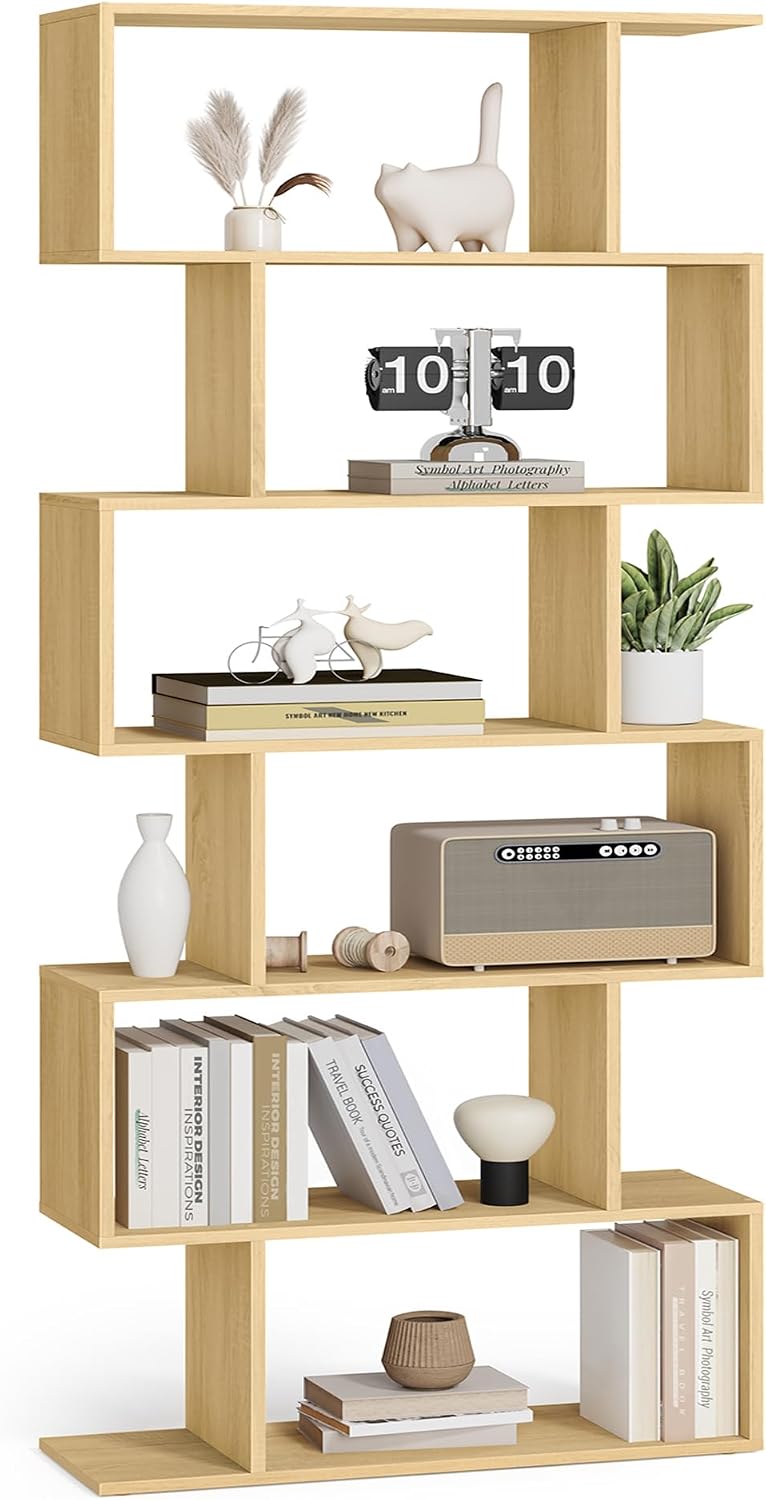 Detalle de VASAGLE LBC061T70 6-Tier S-Shaped Bookcase, Natural Oak
