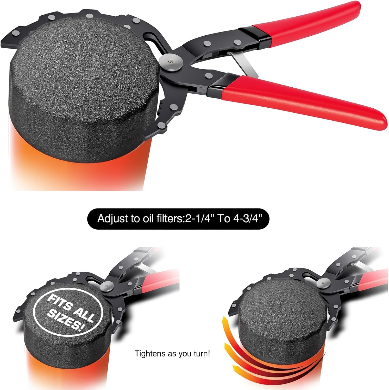 Detalle de DHSWNNG 12" Oil Filter Wrench – Adjustable, Heavy-Duty Carbon Steel Pliers (2-1/4" to 4-3/4" Opening, Red)