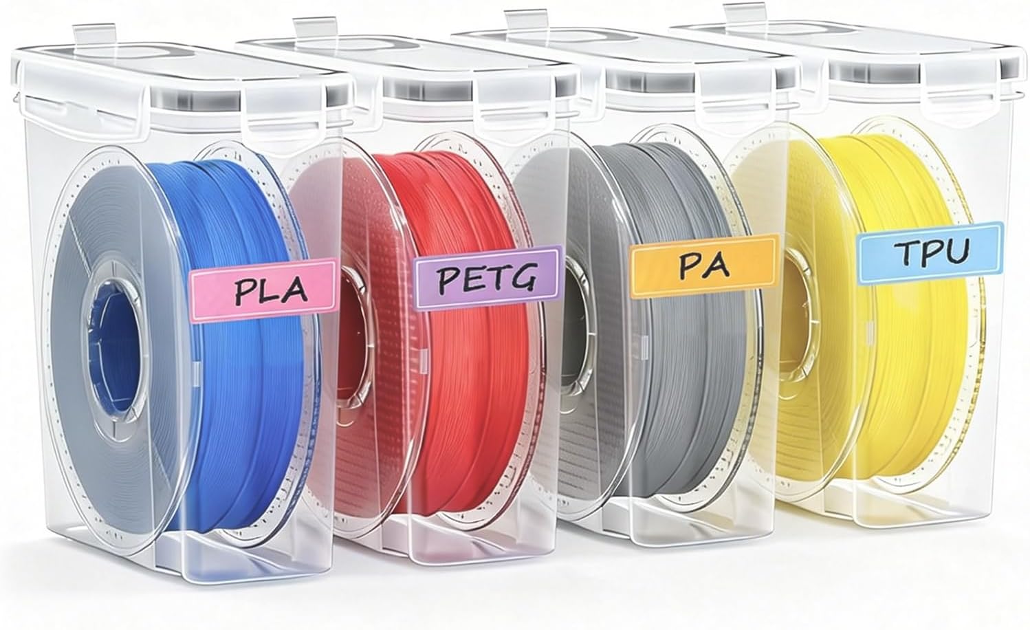 Detalle de TIOPY 4-pack filamentförvaringslådor för 3D-skrivare, stapelbara och transparenta