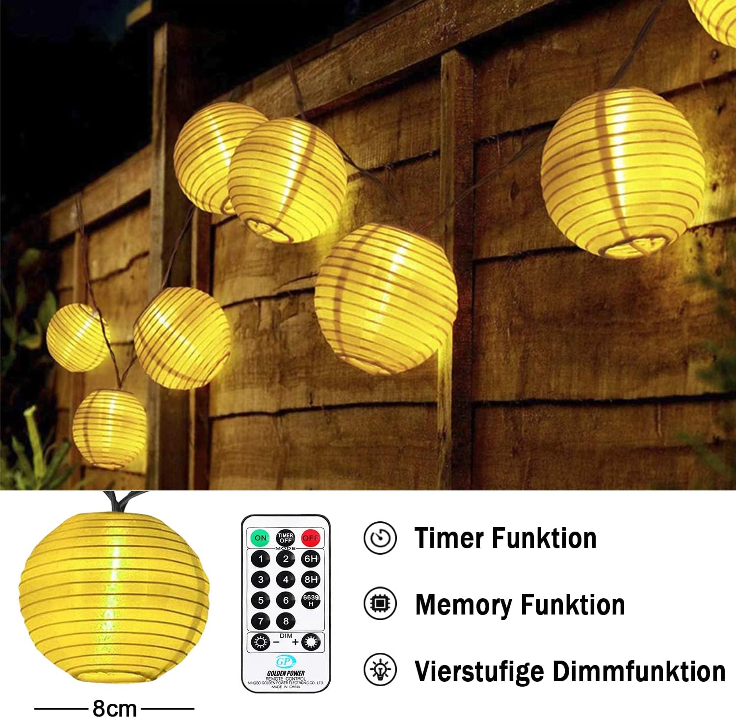 Detalle de LED Lampions Lichterkette Außen Strom – 10 m, 50 LED Lampions, 8 Modi, Fernbedienung, Memoryfunktion, IP65