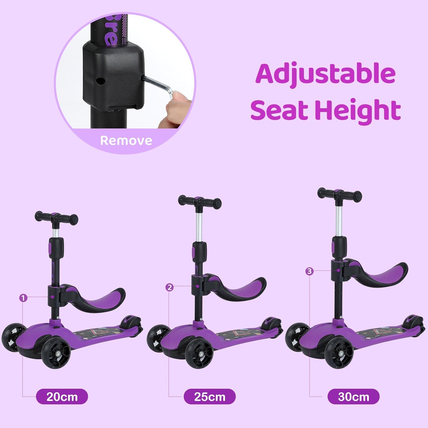 Thumbnail 1 de BremToy Roller Kinder mit abnehmbarem Sitz – stufenlos höhenverstellbarer Lenker, PU LED-Räder, faltbar