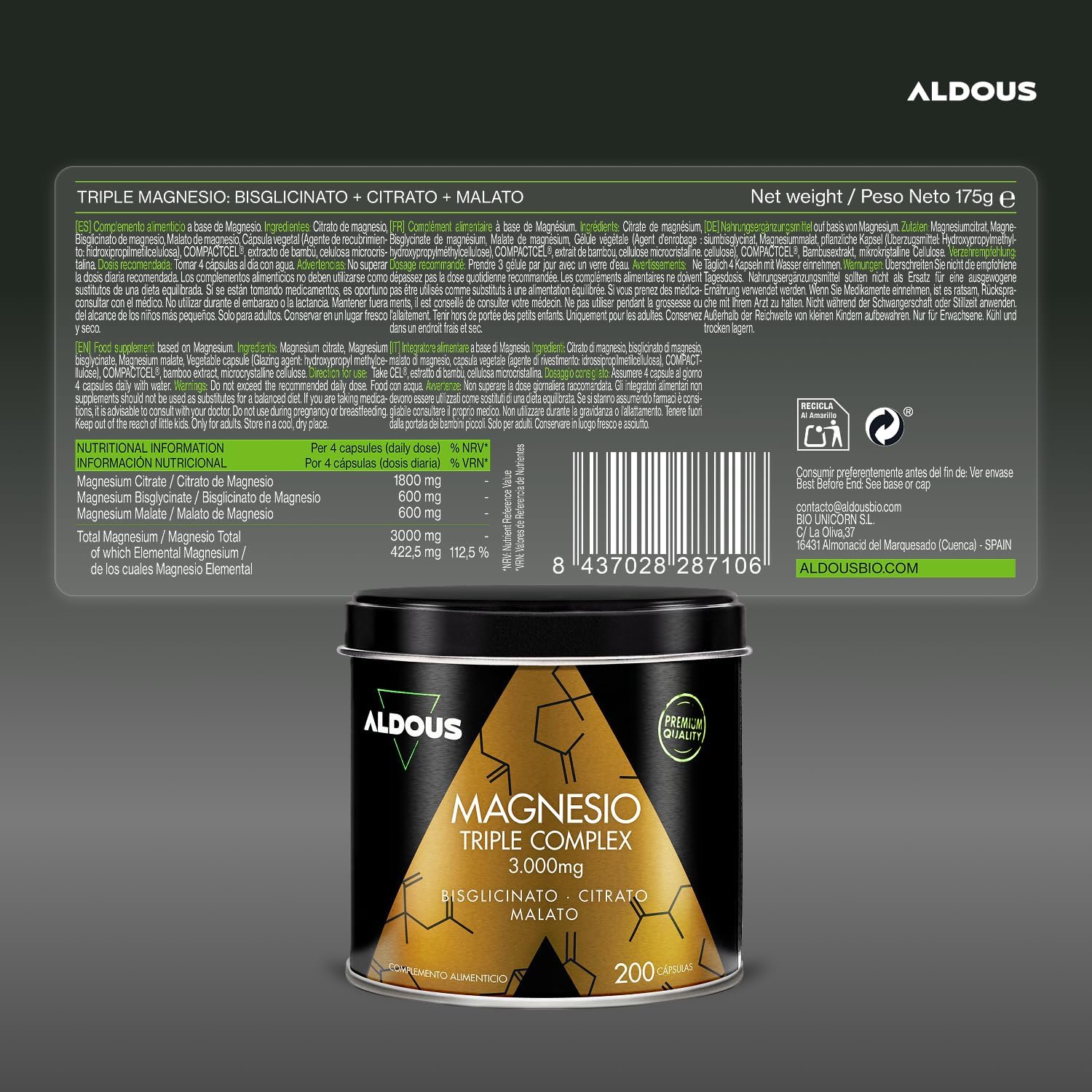 Detalle 2 de Magnesio Complex 3000 mg - Aldous Bio | 200 cápsulas para energía y bienestar