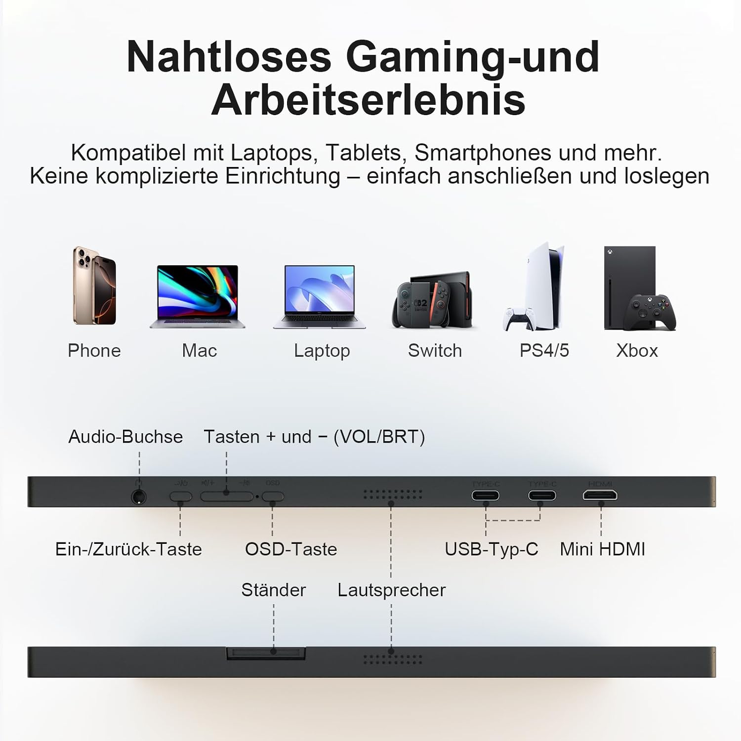 Detalle de GEESUU 15,6 Zoll tragbarer Monitor – FHD IPS Display, HDR, USB-C/HDMI, integrierte Lautsprecher