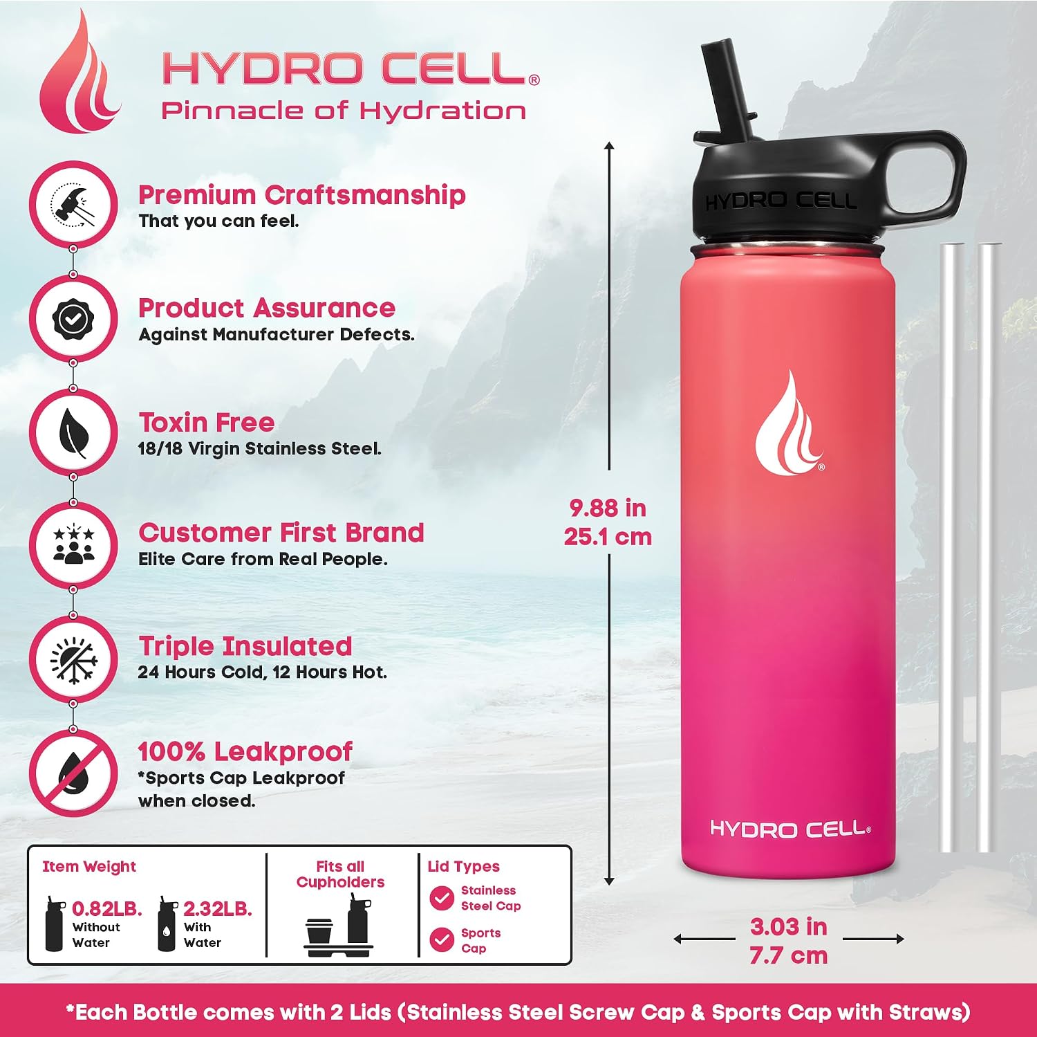 Detalle de HYDRO CELL 24oz Stainless Steel Insulated Water Bottle with Straw (Coral/Punch) – Cold & Hot Drinks