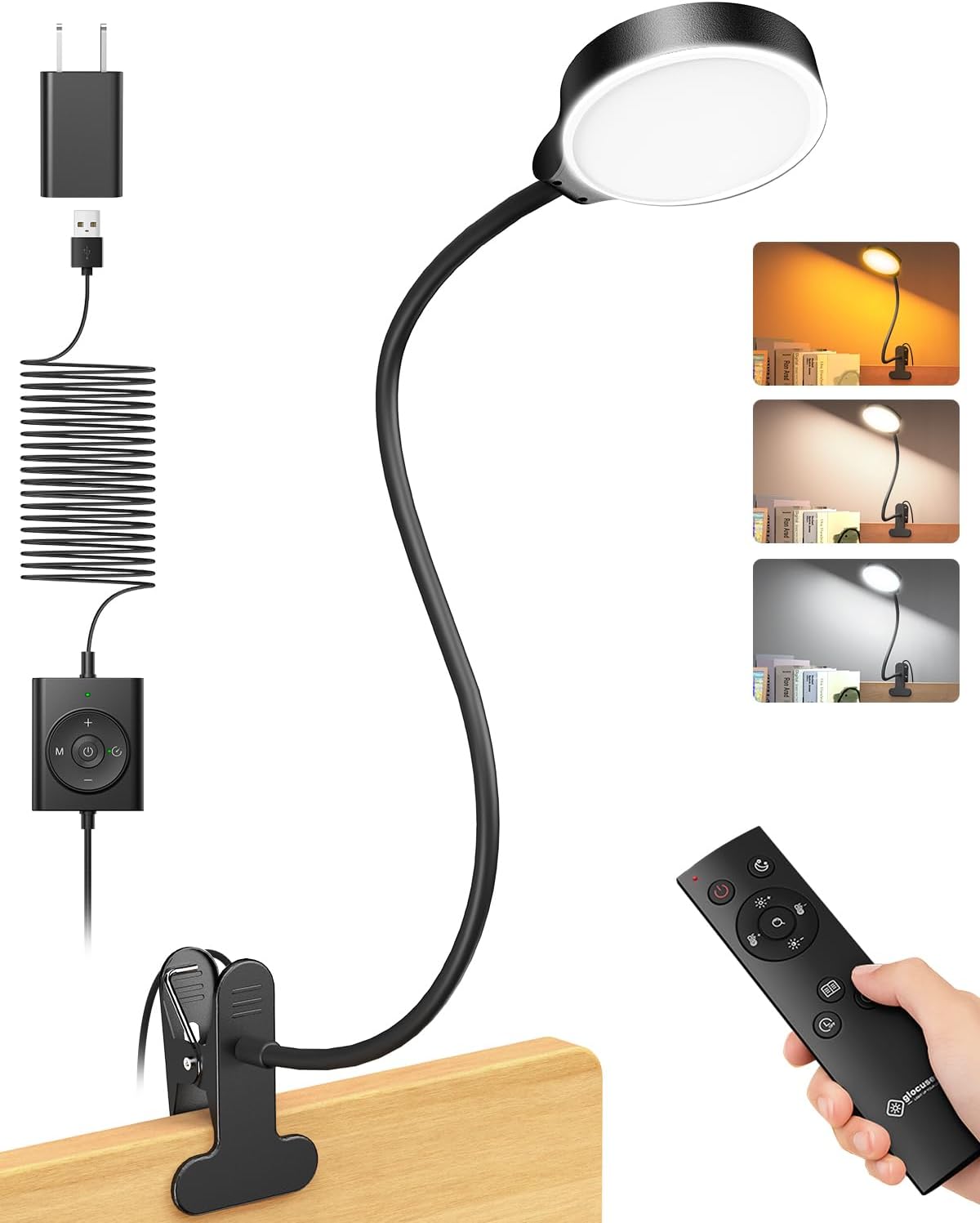 Detalle de Glocusent GLCSNTBL201 5W Clip-On Reading Lamp with Remote, 3 Colors
