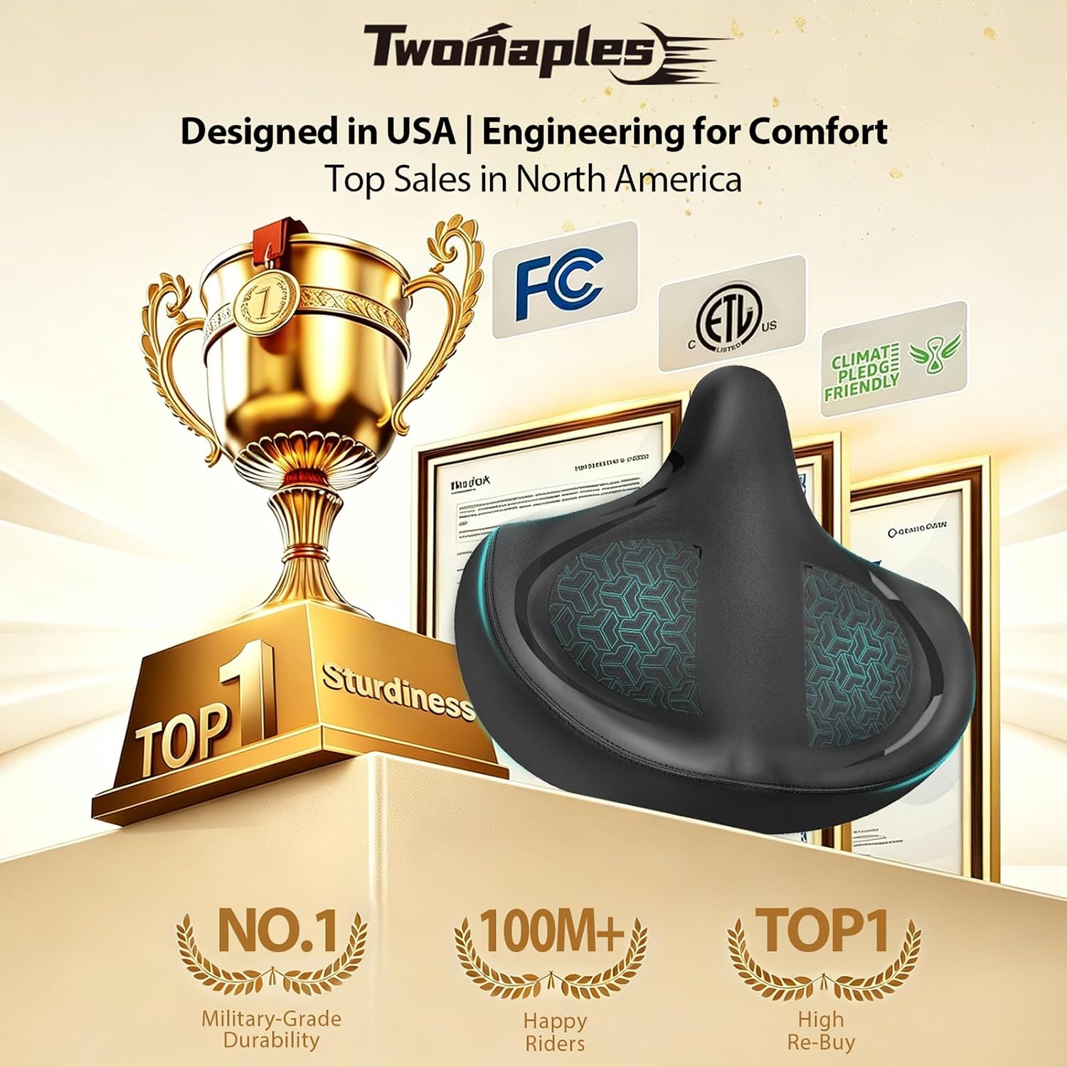 Thumbnail 4 de Twomaples Extra Wide Bike Seat for Women & Men — Oversized Comfort Saddle for Peloton, Exercise, Electric, Mountain & Cruiser Bikes