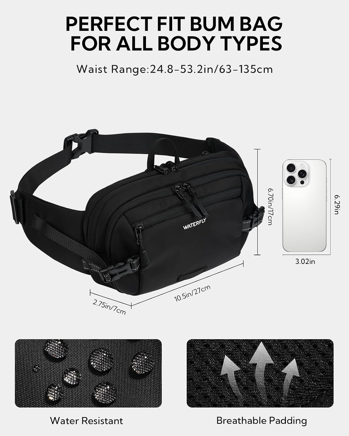 Thumbnail 1 de Waterfly 3L Large Bum Bag with RFID Blocking: Practical, Hands-Free Storage for Travel and Outdoors