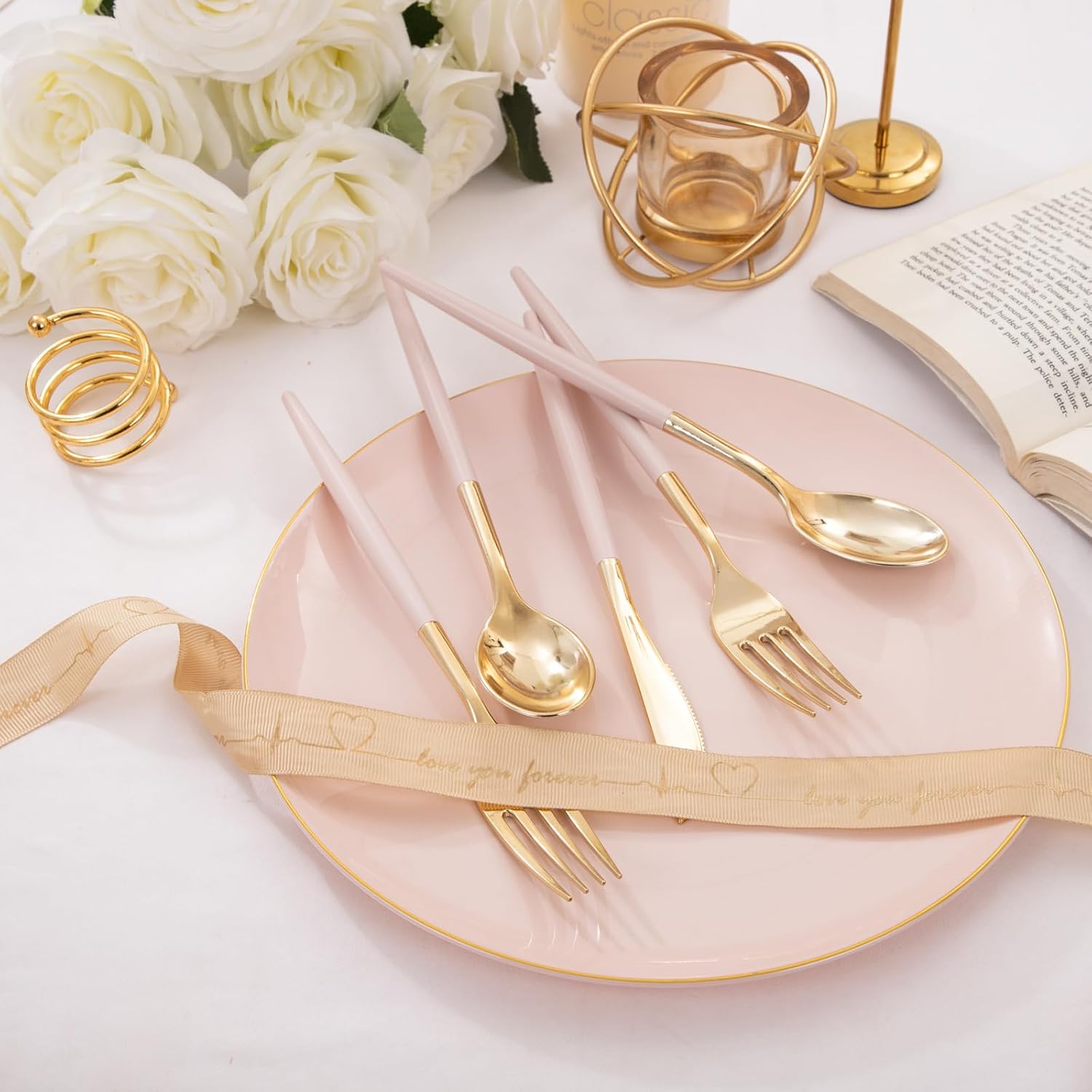 Thumbnail 3 de I00000 300 Pack Gold Silverware with Pink Handle – Pink Plastic Utensils Set (100 forks, 100 knives, 100 spoons)