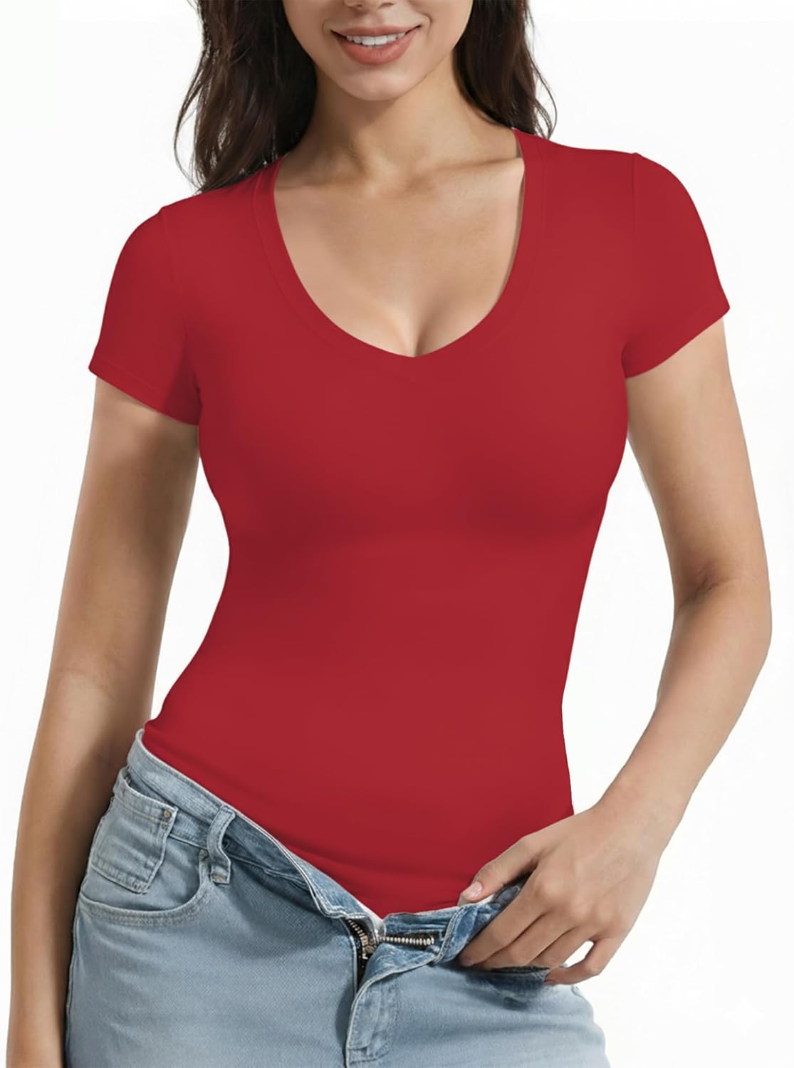 Detalle 2 de ALGALAROUND Women’s V-Neck T-Shirt – Short Sleeve, Milk Silk, Slim Fit