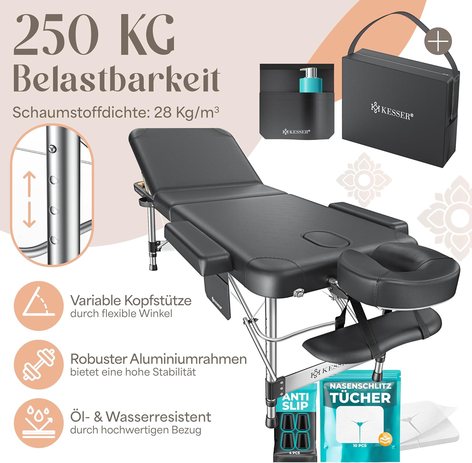Detalle de KESSER Massageliege 3 Zonen bis 250 kg – klappbar, verstellbar, tragbar inkl. Alu-Kopfstütze und Tragetasche