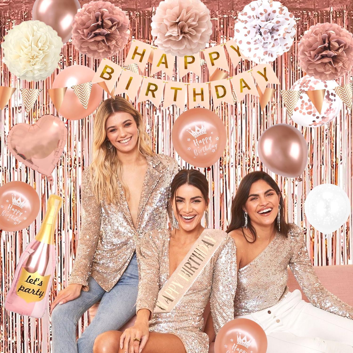 Thumbnail 2 de QGKFFOB Geburtstagsdeko Set in Roségold/Weiß mit „Happy Birthday“-Banner, Konfetti-Ballons, Pompons & Girlande