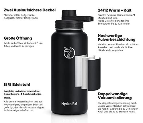 Thumbnail 1 de HydroPal 1L Edelstahl Isolierflasche – 2 Deckel mit Strohhalm, spülmaschinenfest