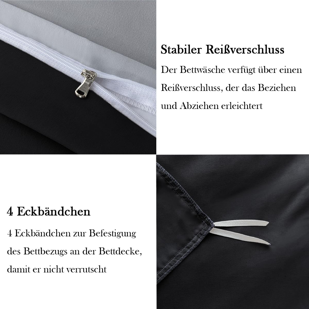 Detalle 2 de Nesture Bettwäsche 135x200 (4-teilig) Schwarz/Grau aus Microfaser, wendbar & bügelfrei